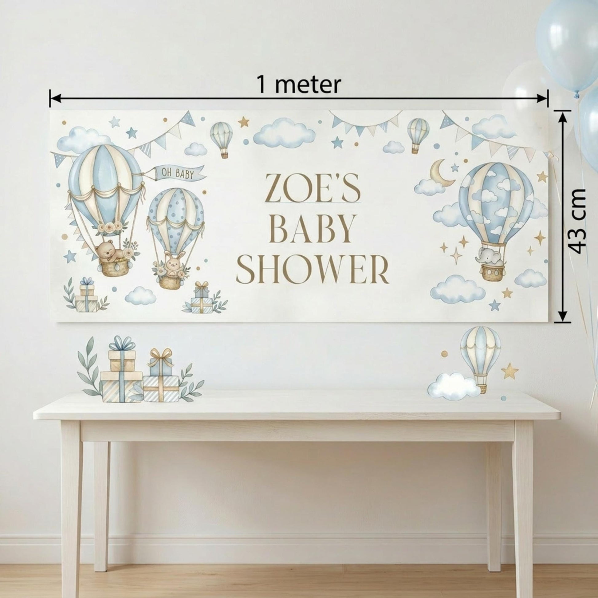 Personalised Boy Baby Shower Banner, Blue Hot Air Balloon Party Backdrop