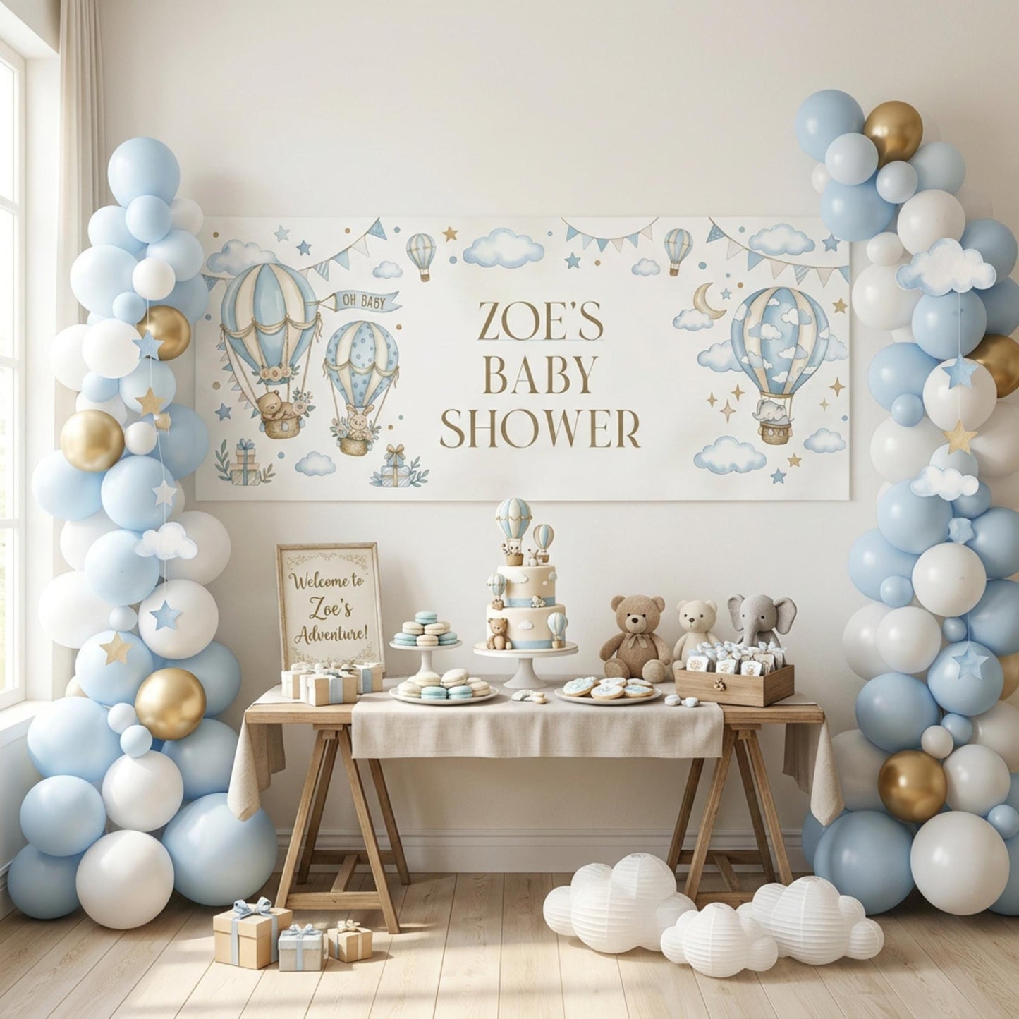 Personalised Boy Baby Shower Banner, Blue Hot Air Balloon Party Backdrop