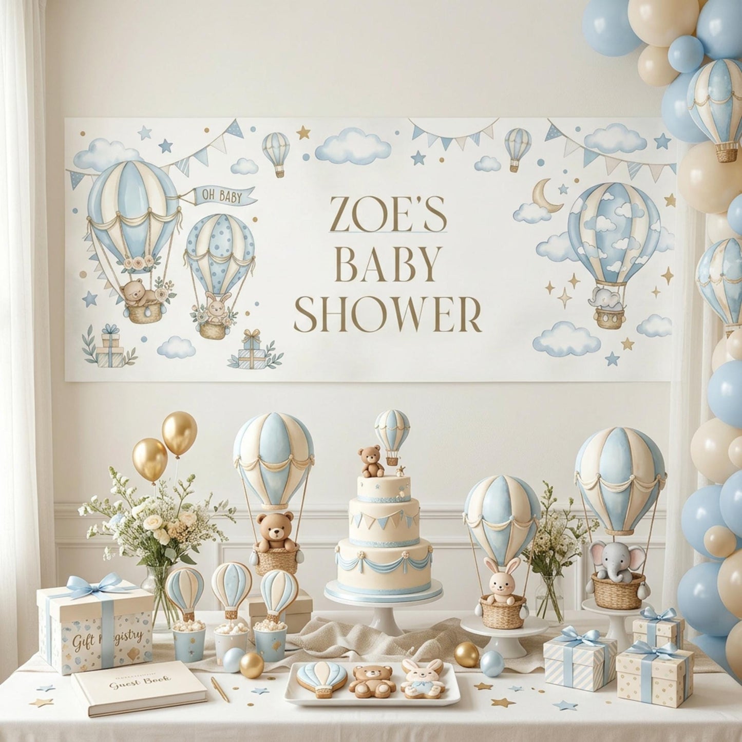 Personalised Boy Baby Shower Banner, Blue Hot Air Balloon Party Backdrop