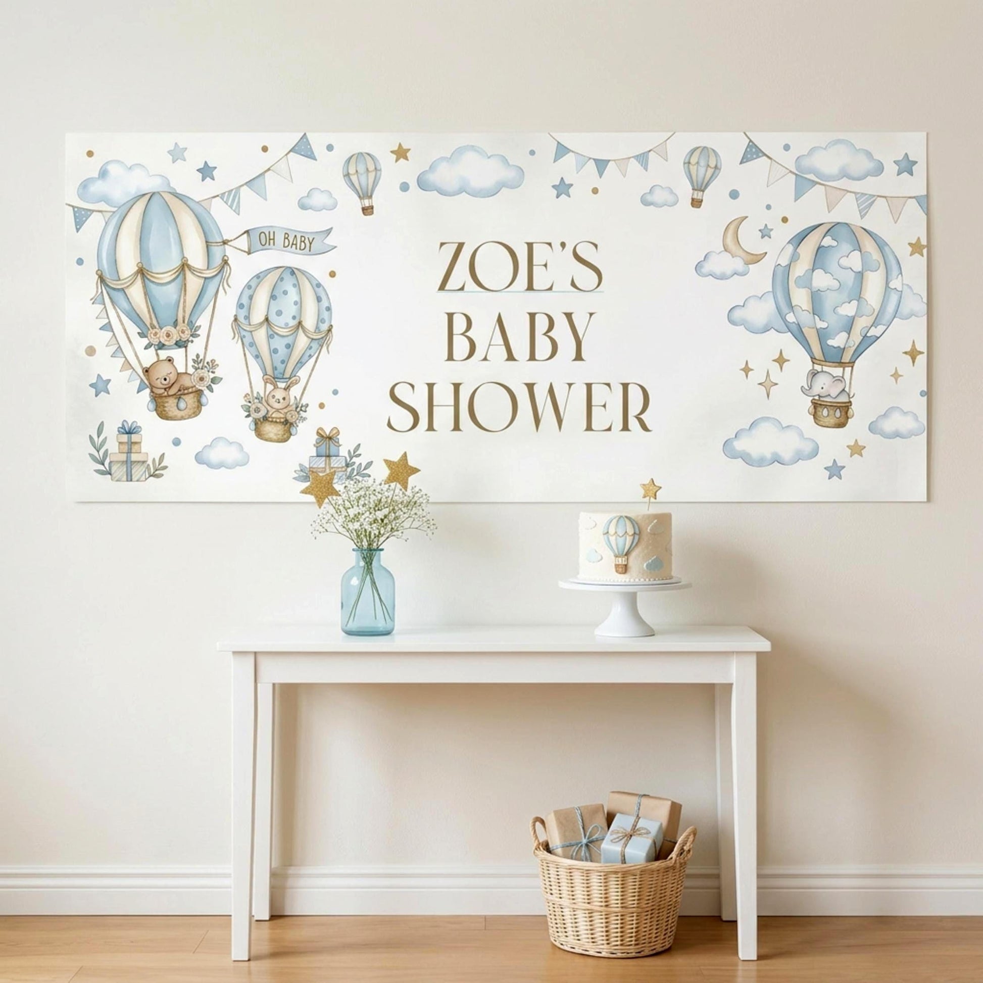 Personalised Boy Baby Shower Banner, Blue Hot Air Balloon Party Backdrop