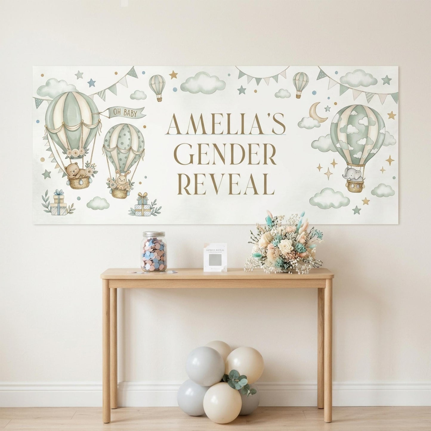 Personalised Gender Reveal Banner, Sage Green Hot Air Balloon Party Backdrop, Neutral Wall Sign