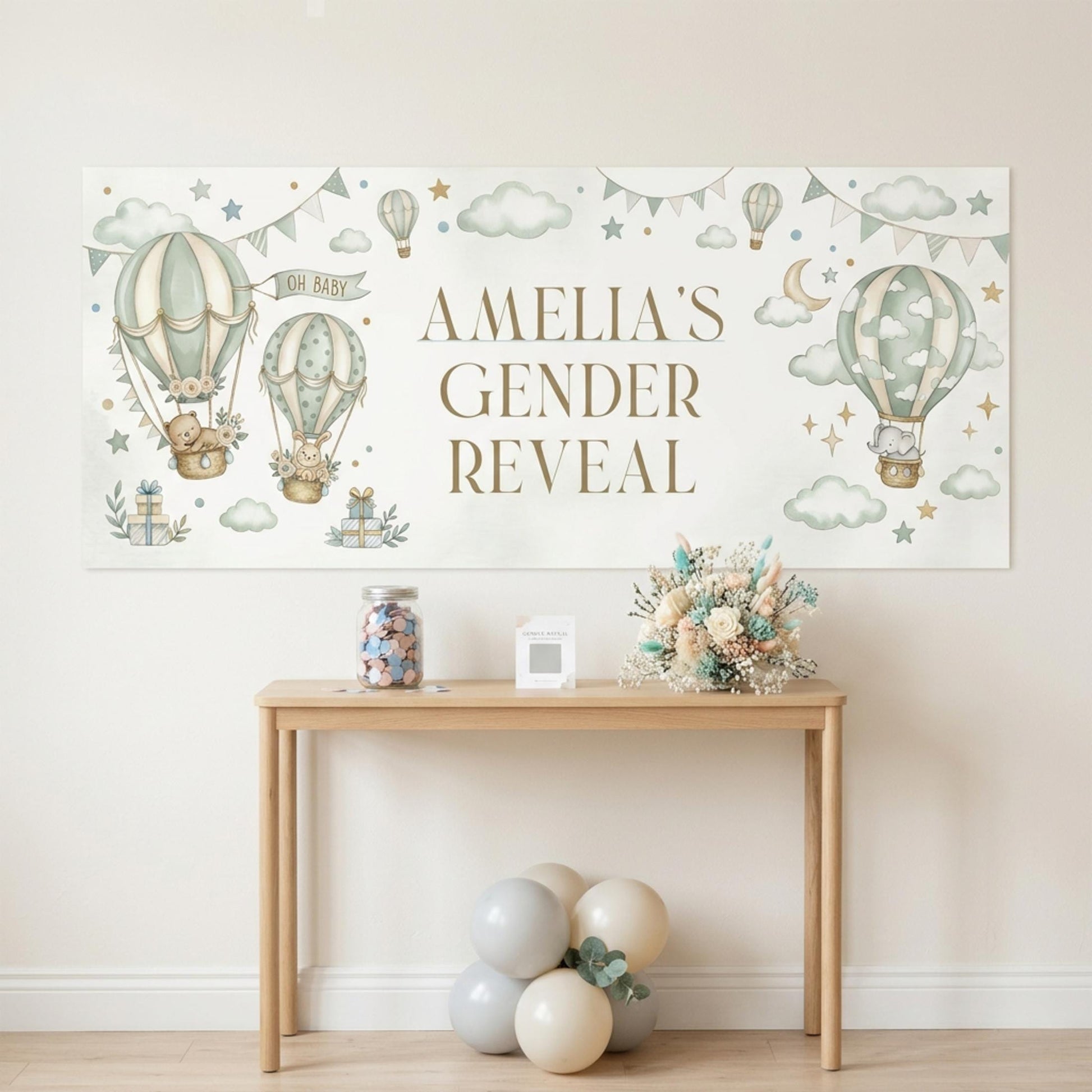 Personalised Gender Reveal Banner, Sage Green Hot Air Balloon Party Backdrop, Neutral Wall Sign