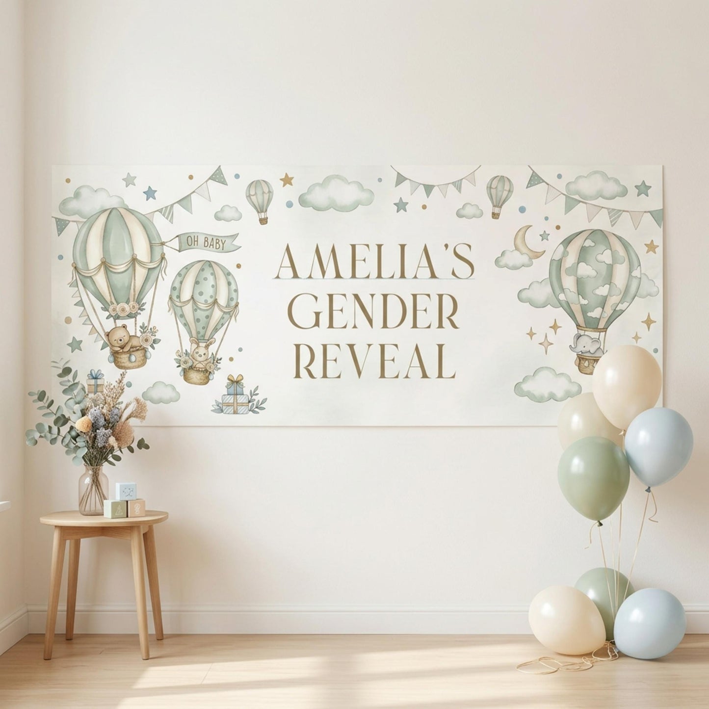 Personalised Gender Reveal Banner, Sage Green Hot Air Balloon Party Backdrop, Neutral Wall Sign