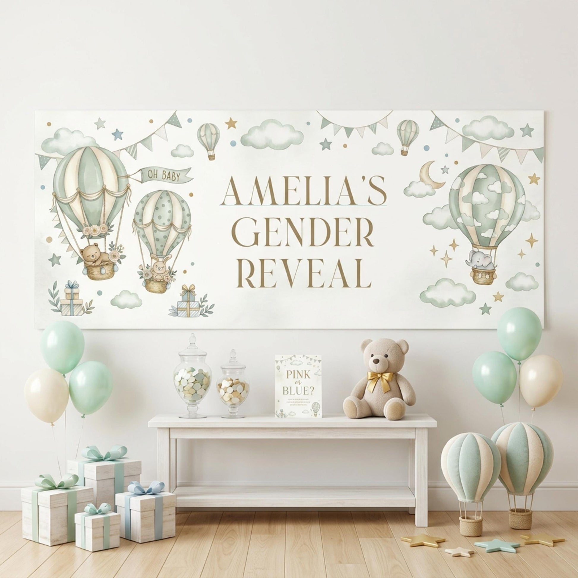 Personalised Gender Reveal Banner, Sage Green Hot Air Balloon Party Backdrop, Neutral Wall Sign