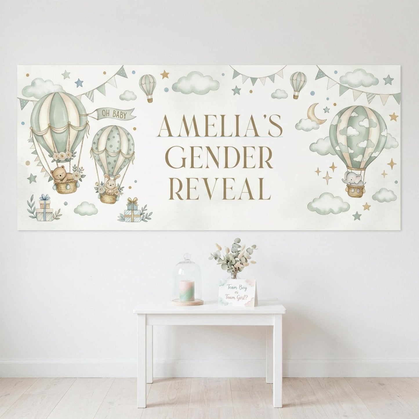 Personalised Gender Reveal Banner, Sage Green Hot Air Balloon Party Backdrop, Neutral Wall Sign