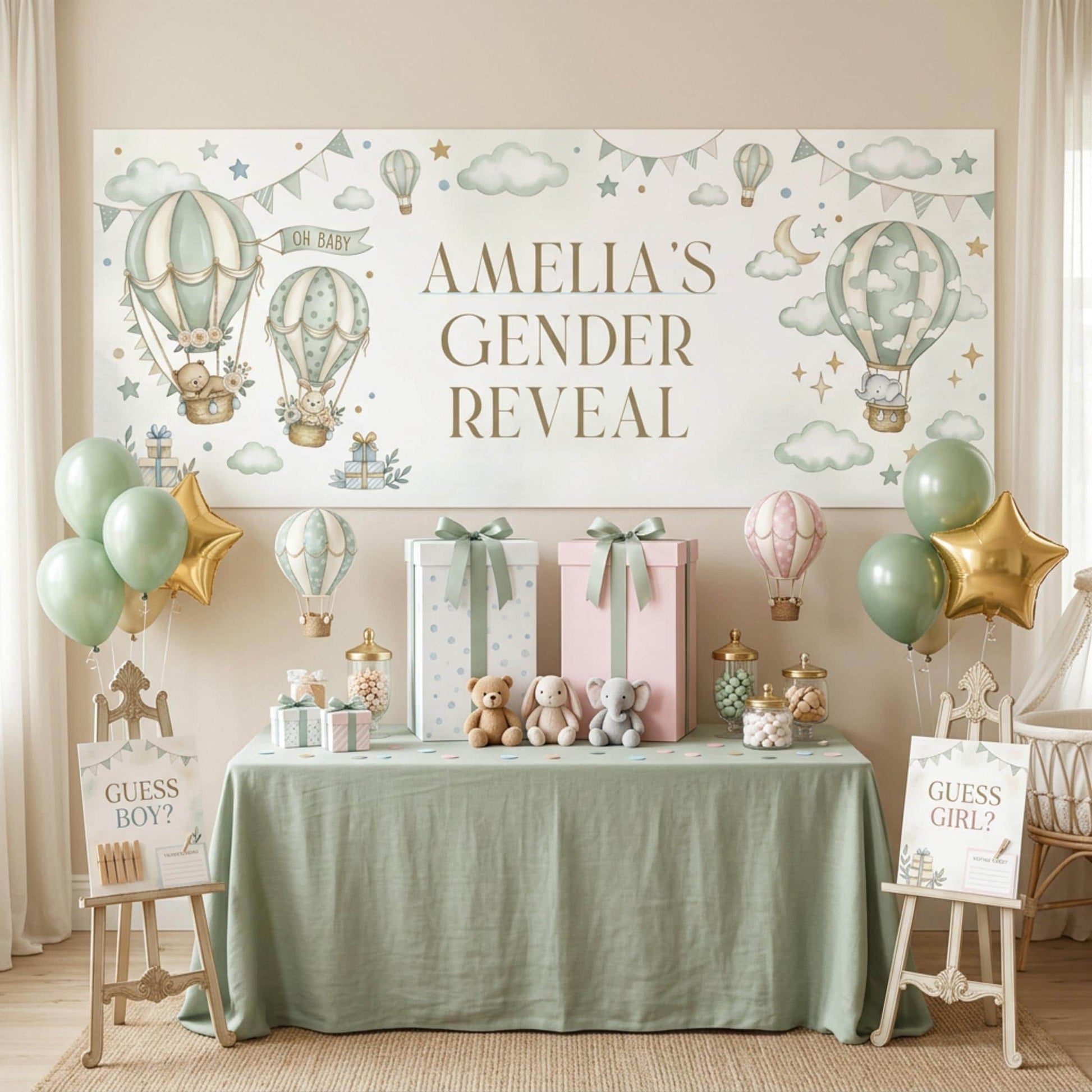 Personalised Gender Reveal Banner, Sage Green Hot Air Balloon Party Backdrop, Neutral Wall Sign