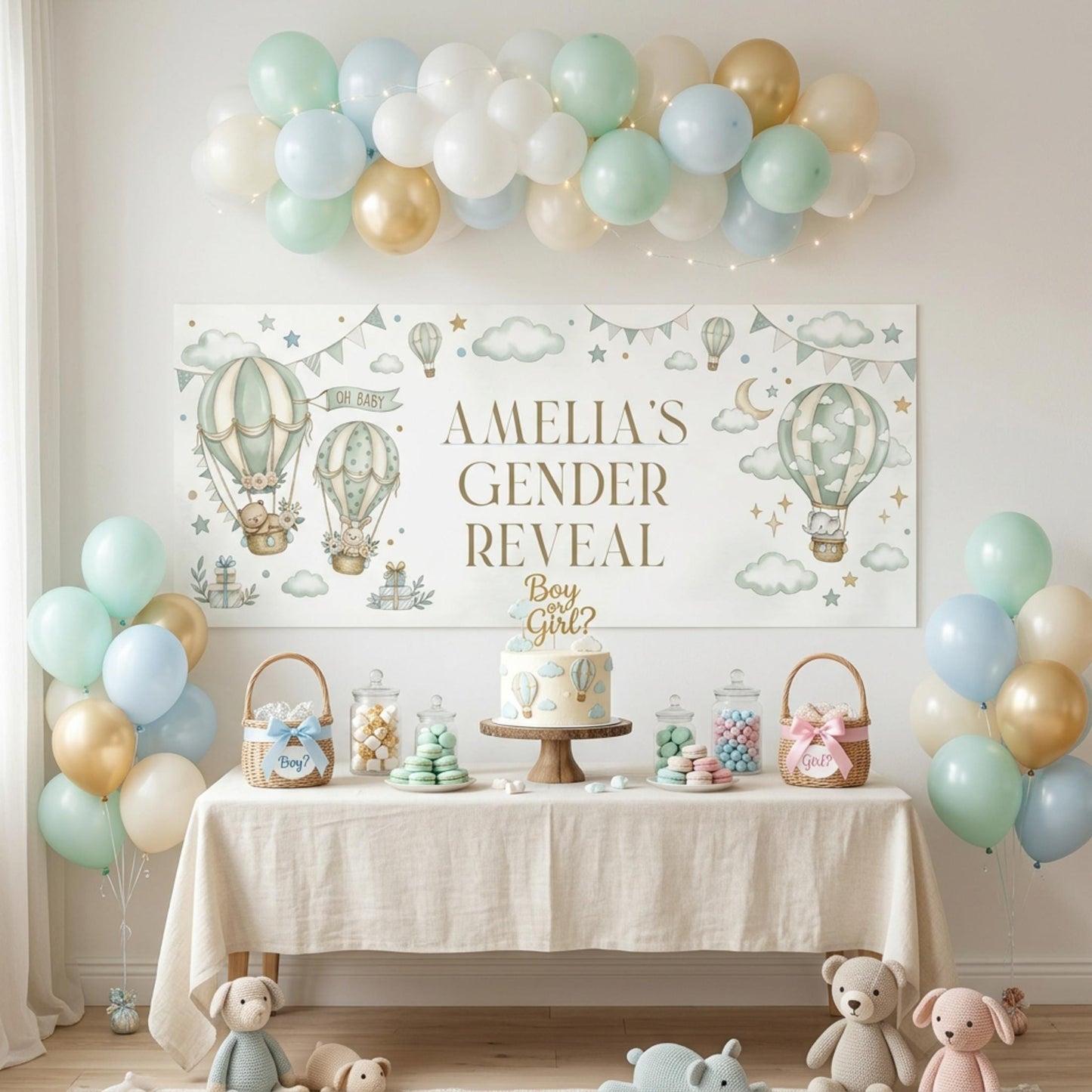 Personalised Gender Reveal Banner, Sage Green Hot Air Balloon Party Backdrop, Neutral Wall Sign