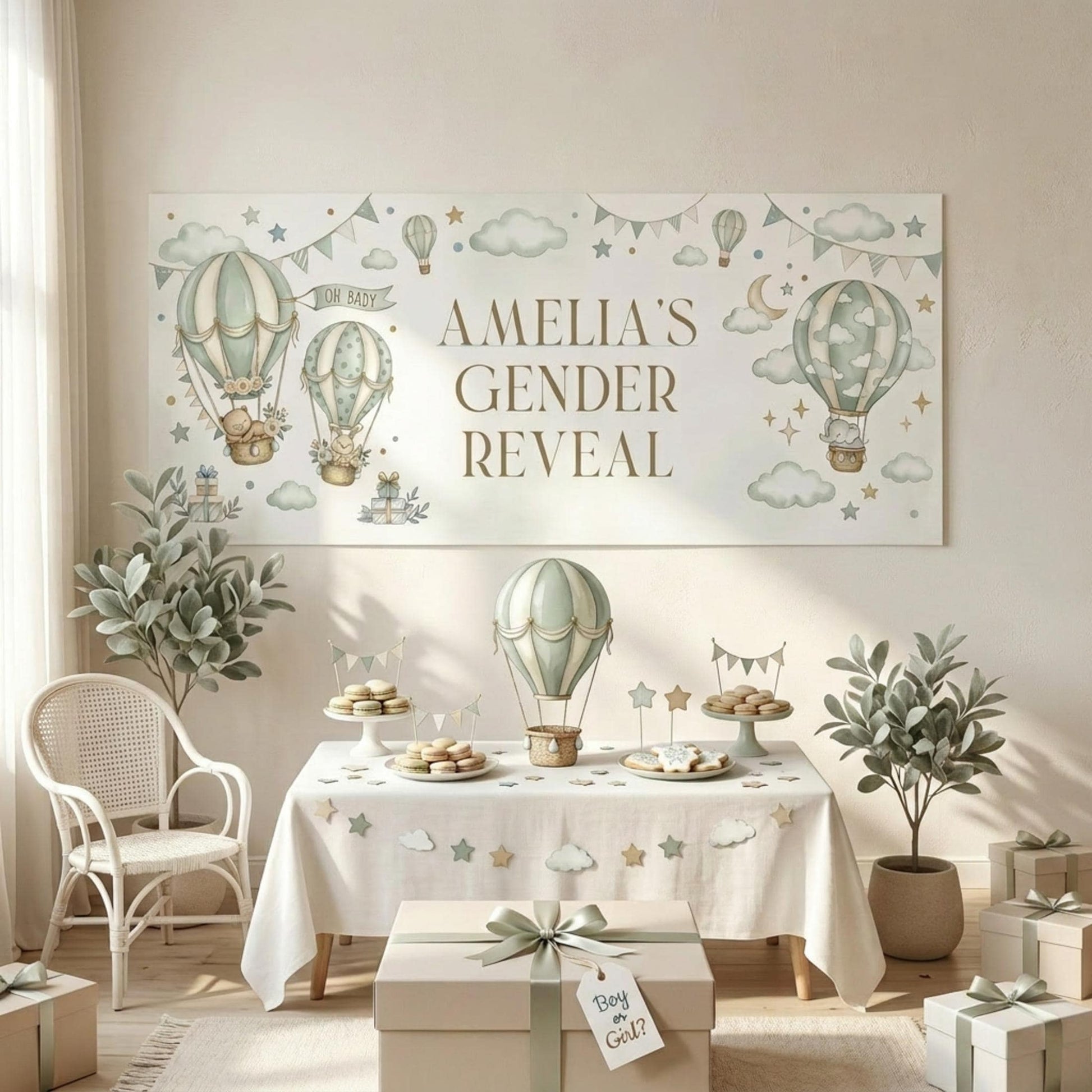 Personalised Gender Reveal Banner, Sage Green Hot Air Balloon Party Backdrop, Neutral Wall Sign