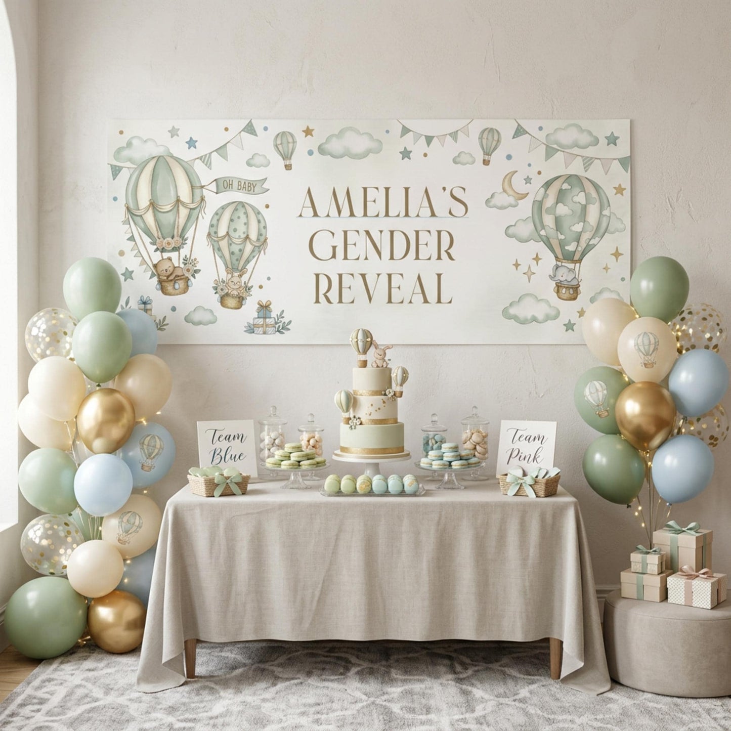 Personalised Gender Reveal Banner, Sage Green Hot Air Balloon Party Backdrop, Neutral Wall Sign