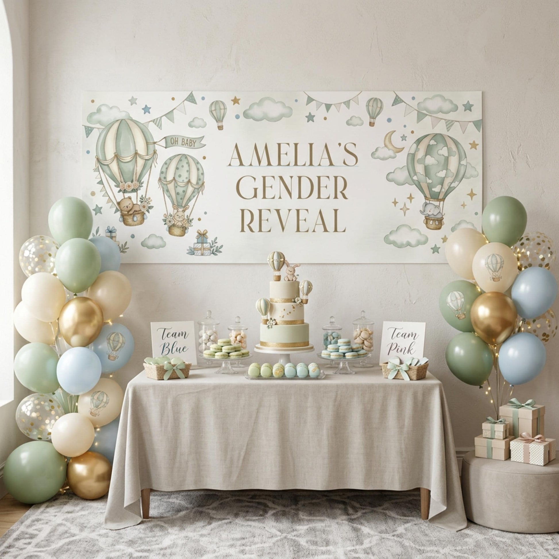 Personalised Gender Reveal Banner, Sage Green Hot Air Balloon Party Backdrop, Neutral Wall Sign