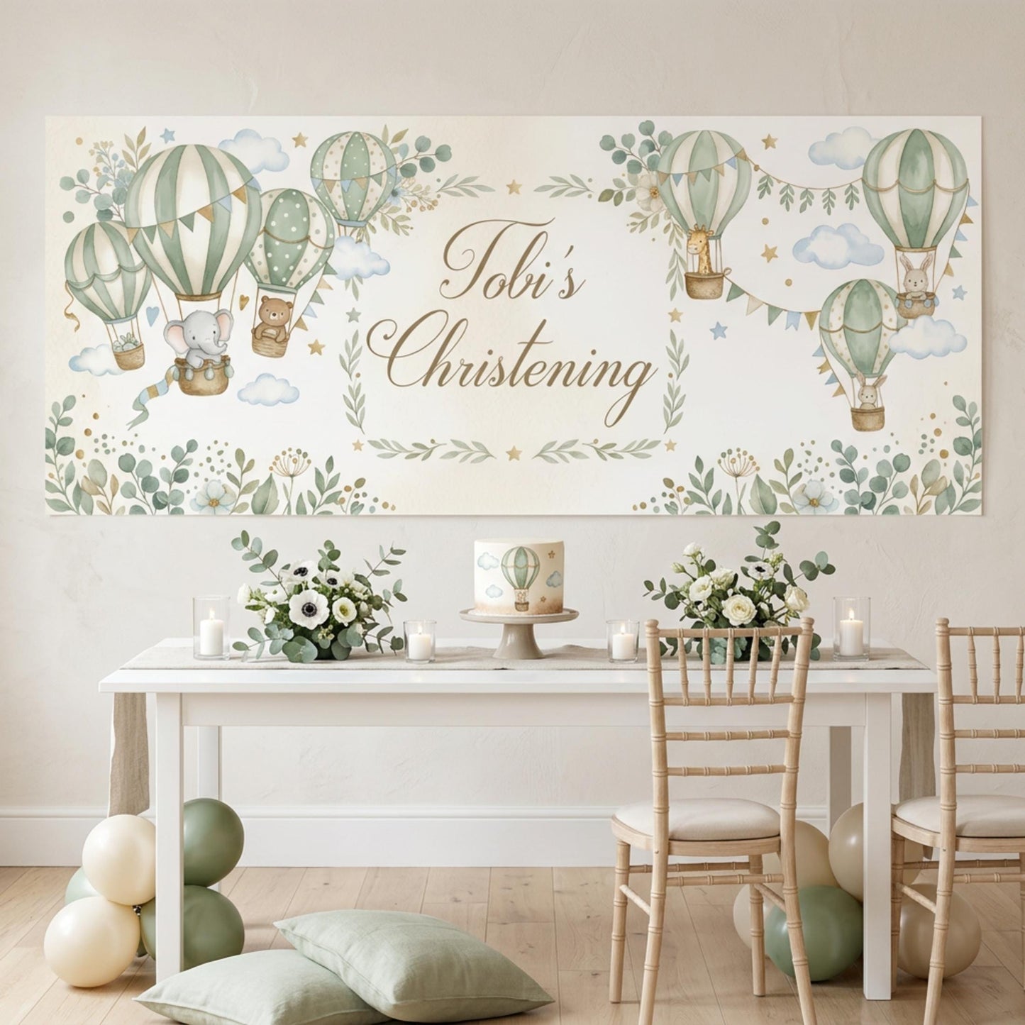 Personalised Christening Banner, Sage Green Hot Air Balloon Party Backdrop, Naming Day Sign