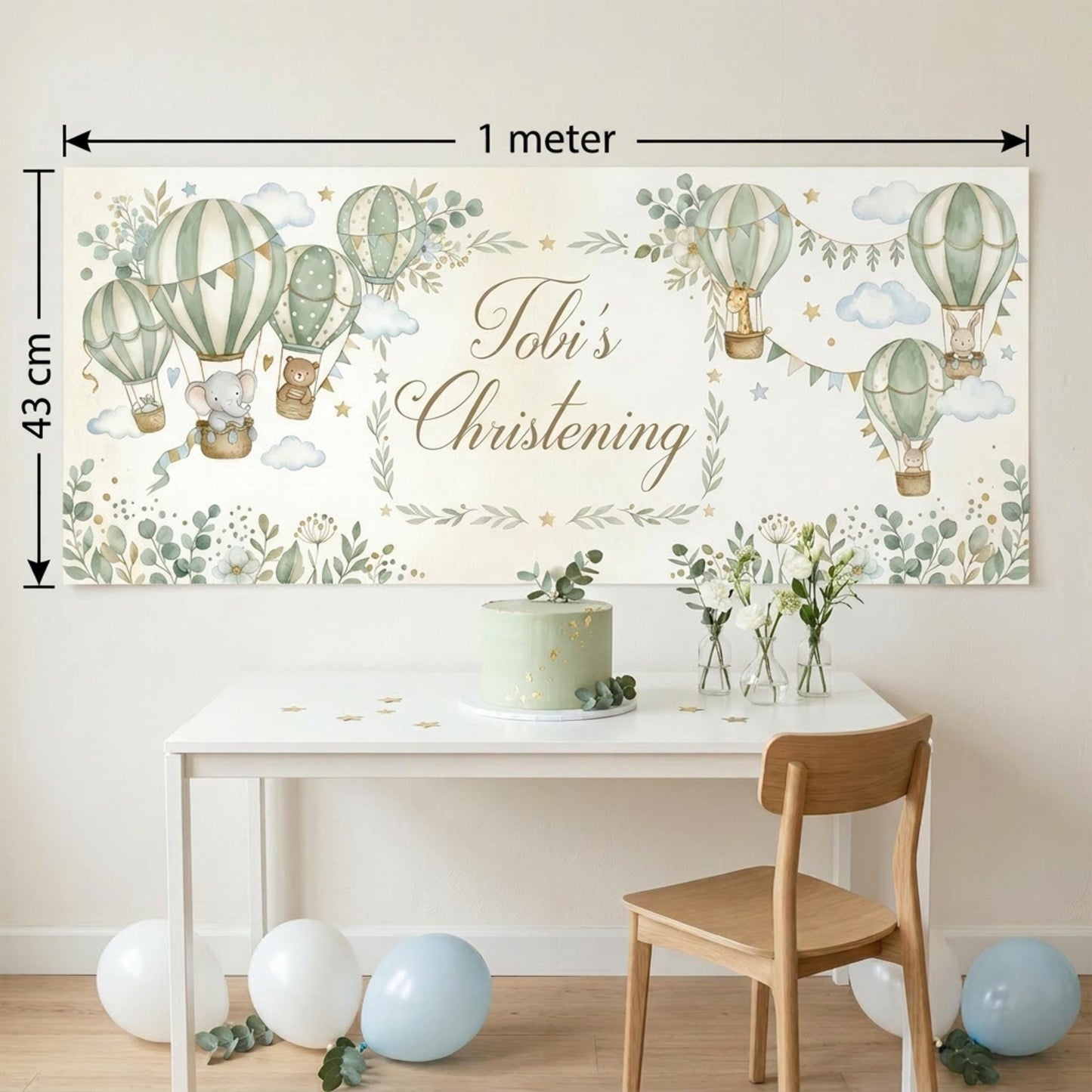 Personalised Christening Banner, Sage Green Hot Air Balloon Party Backdrop, Naming Day Sign