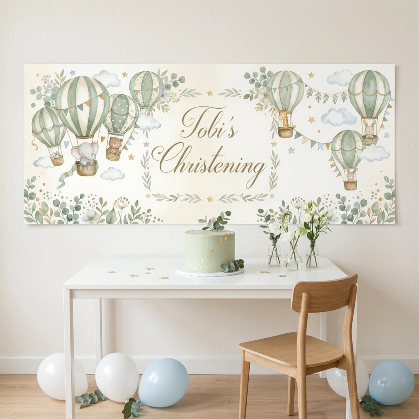 Personalised Christening Banner, Sage Green Hot Air Balloon Party Backdrop, Naming Day Sign
