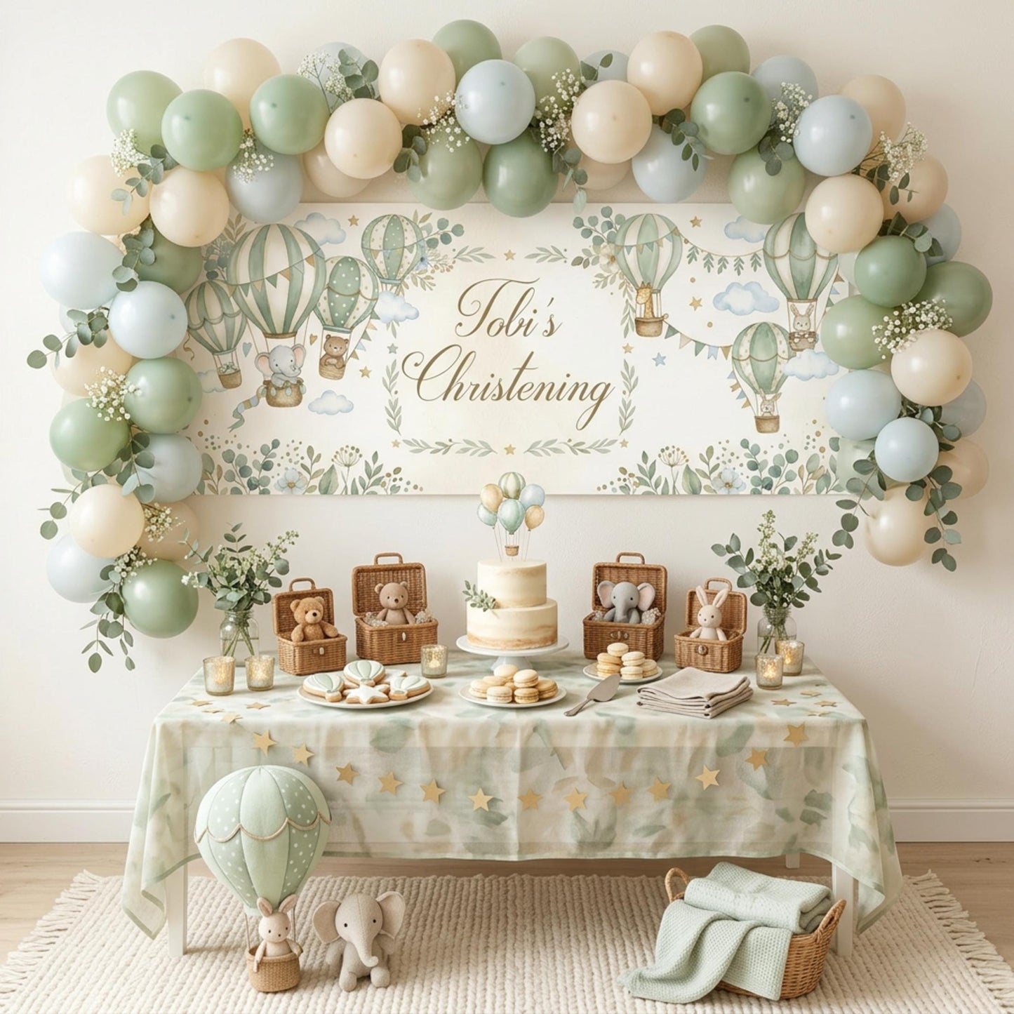 Personalised Christening Banner, Sage Green Hot Air Balloon Party Backdrop, Naming Day Sign