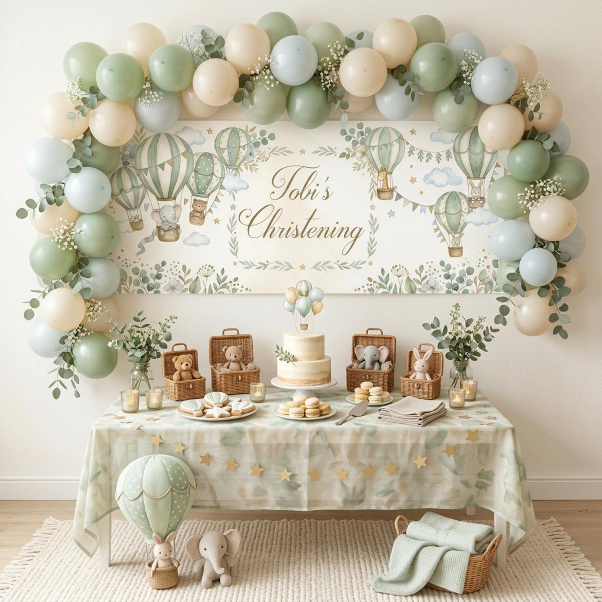 Personalised Christening Banner, Sage Green Hot Air Balloon Party Backdrop, Naming Day Sign