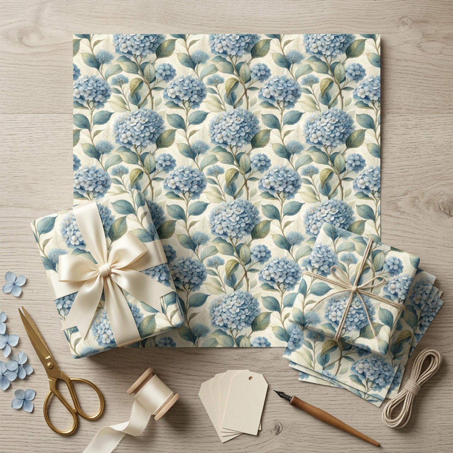 Blue Hydrangea Wrapping Paper, Floral Gift Wrap Sheet, Large Size