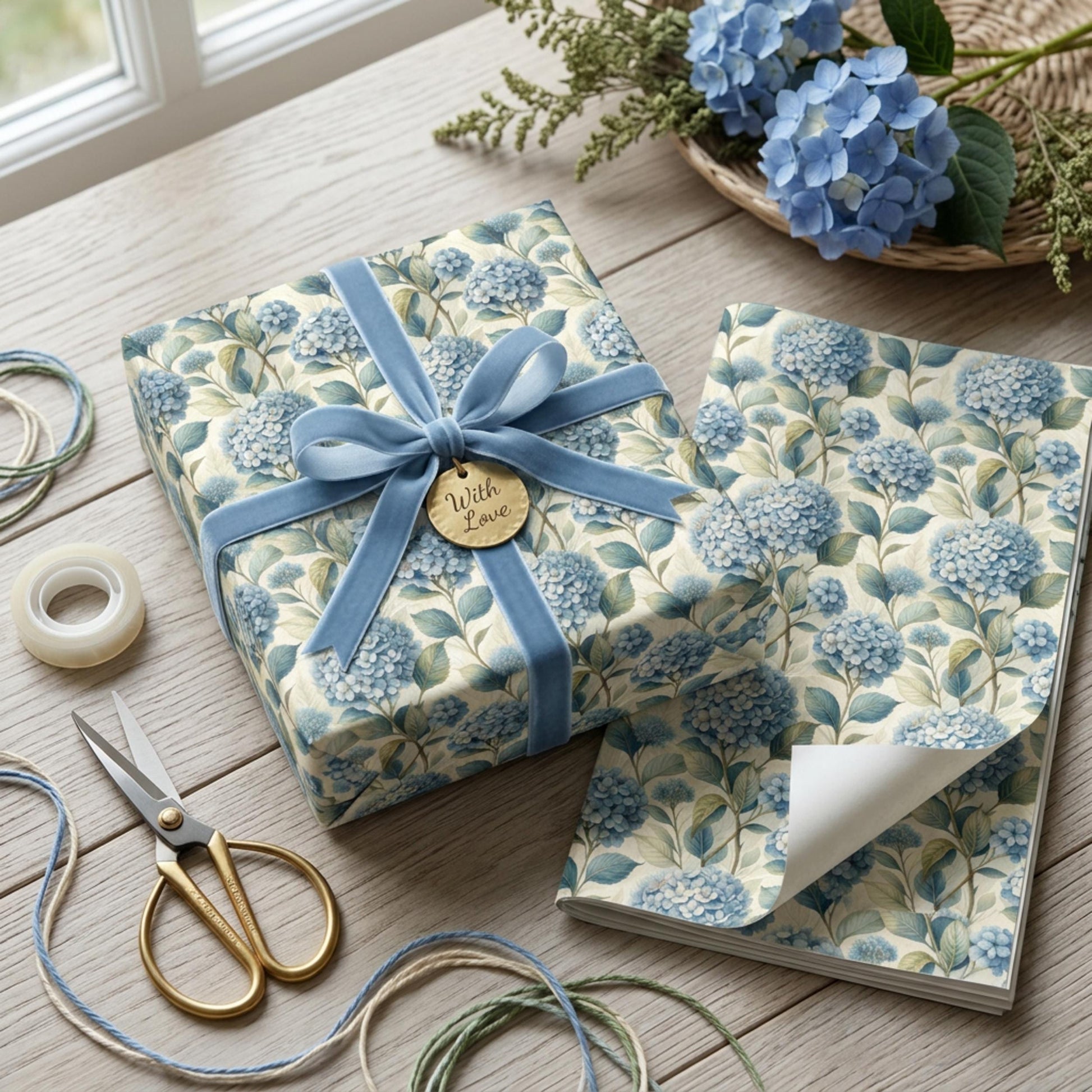 Blue Hydrangea Wrapping Paper, Floral Gift Wrap Sheet, Large Size