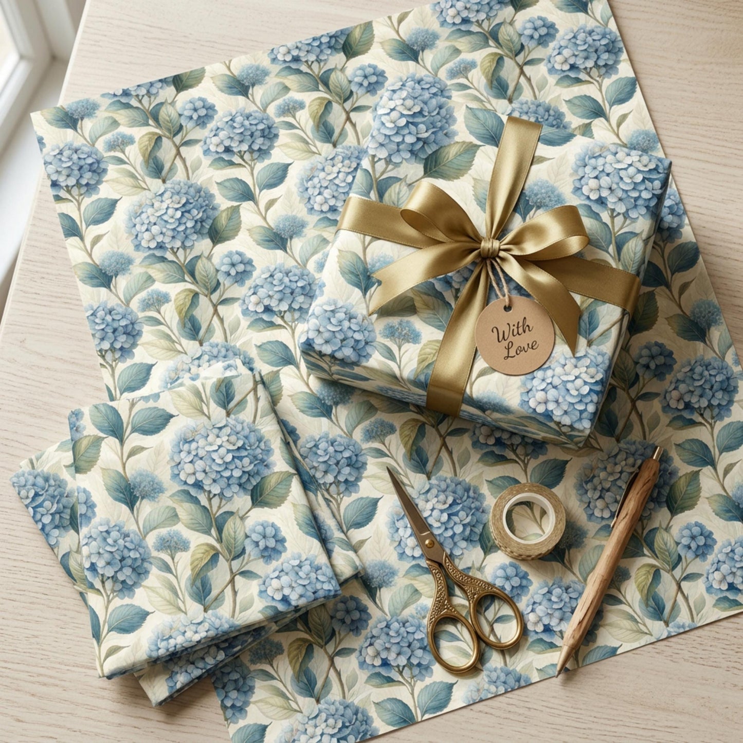 Blue Hydrangea Wrapping Paper, Floral Gift Wrap Sheet, Large Size