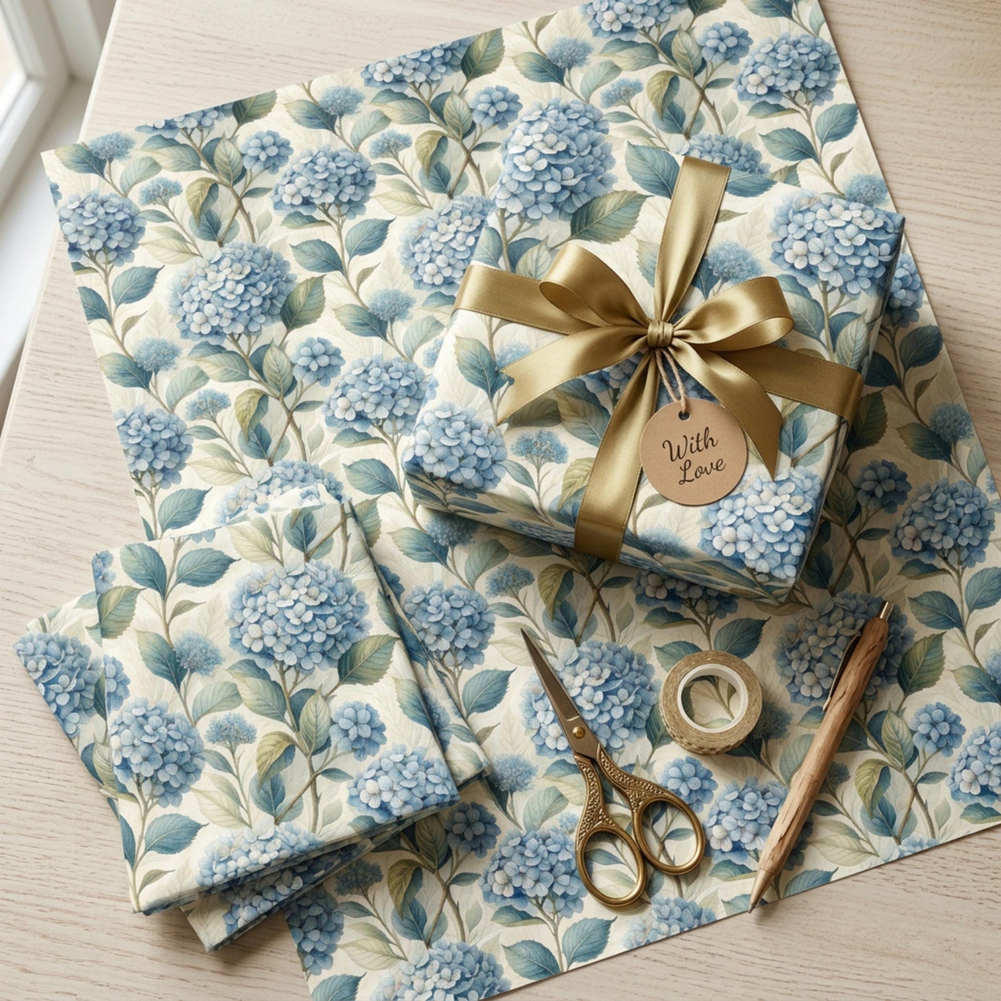 Blue Hydrangea Wrapping Paper, Floral Gift Wrap Sheet, Large Size