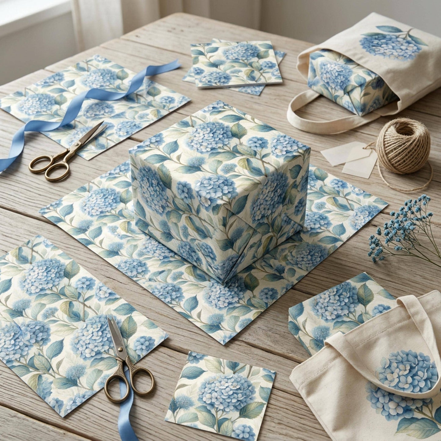 Blue Hydrangea Wrapping Paper, Floral Gift Wrap Sheet, Large Size