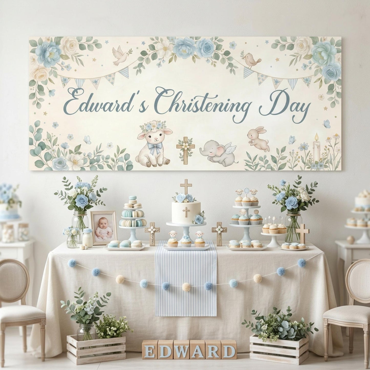 Personalised Boy Christening Banner, Blue Floral Party Backdrop
