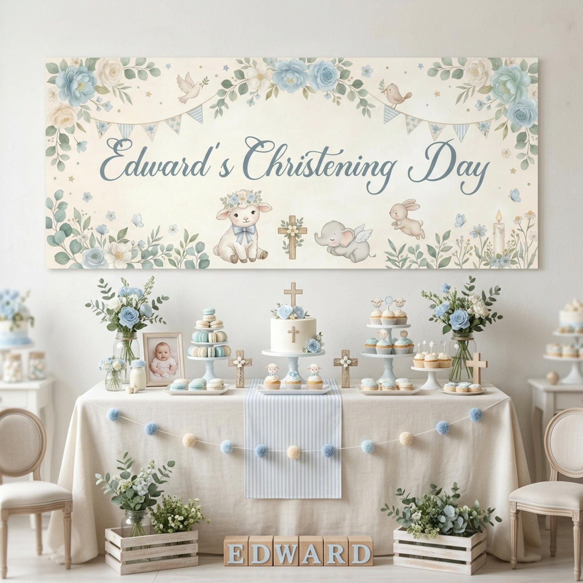 Personalised Boy Christening Banner, Blue Floral Party Backdrop