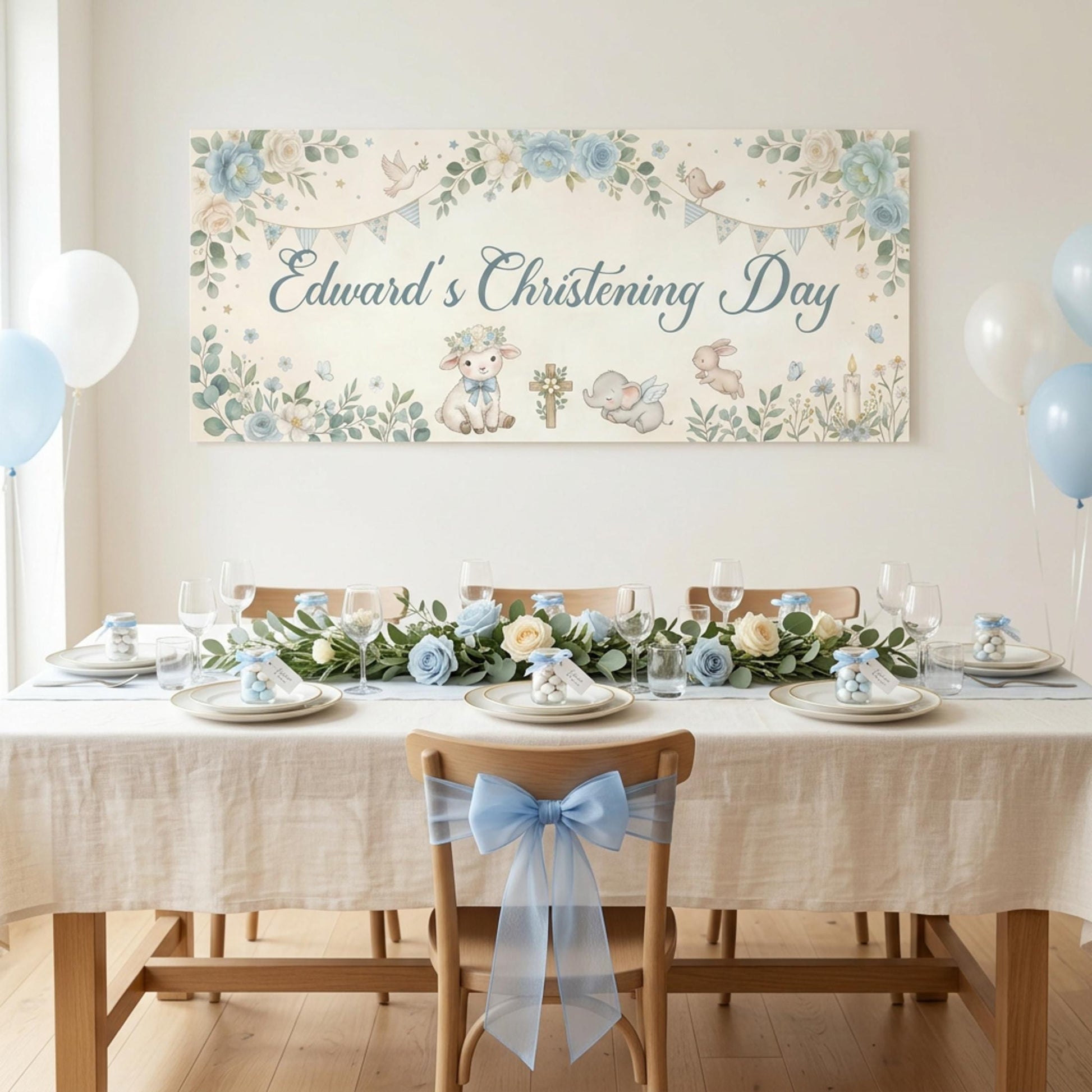 Personalised Boy Christening Banner, Blue Floral Party Backdrop