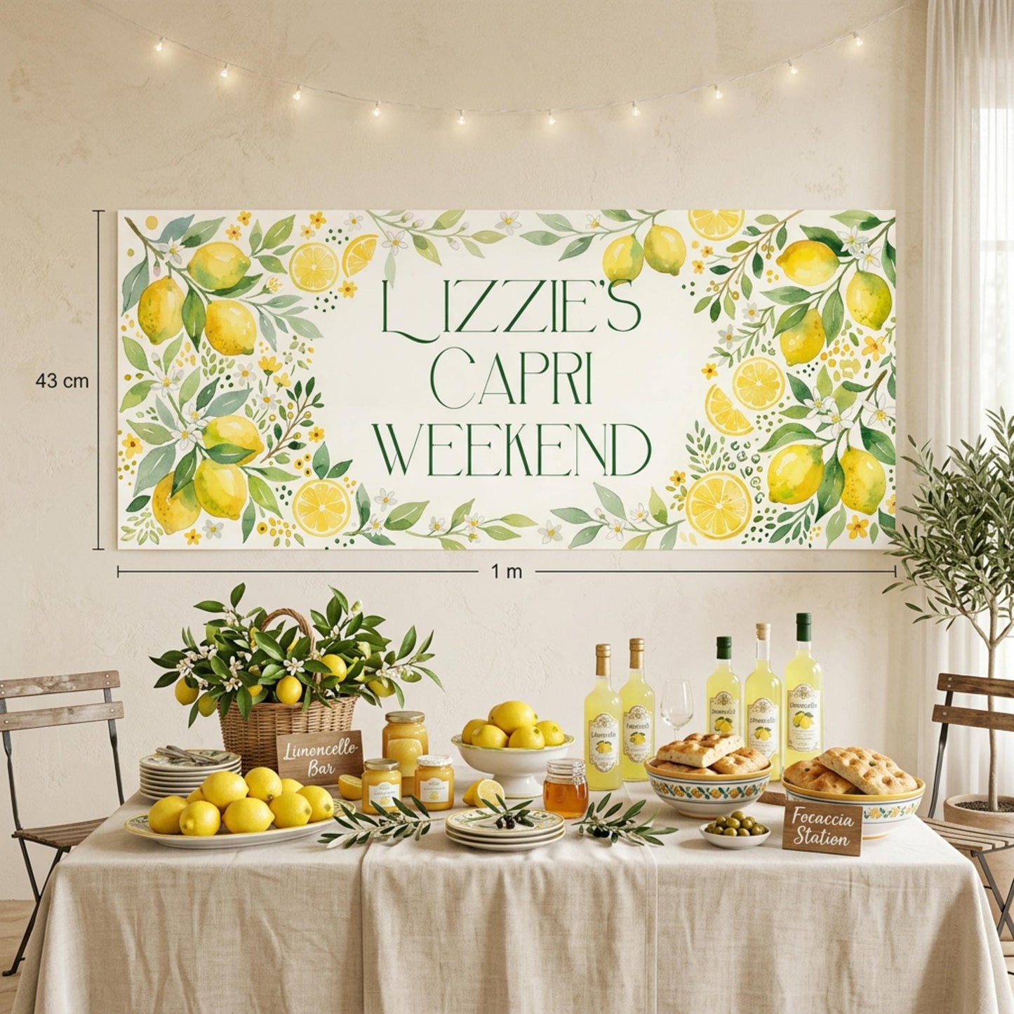 Personalised Lemon Garden Party Banner, Amalfi Coast Backdrop, Mediterranean Birthday Sign