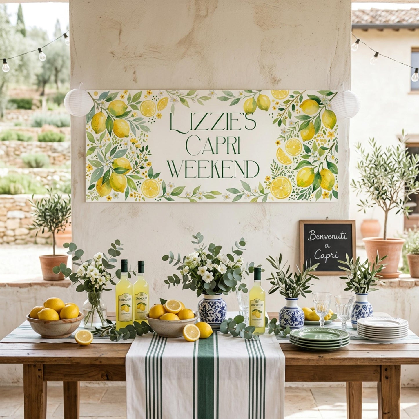 Personalised Lemon Garden Party Banner, Amalfi Coast Backdrop, Mediterranean Birthday Sign