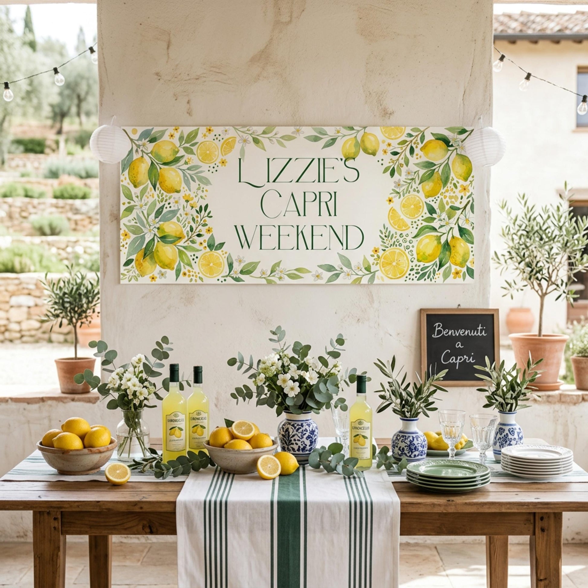 Personalised Lemon Garden Party Banner, Amalfi Coast Backdrop, Mediterranean Birthday Sign