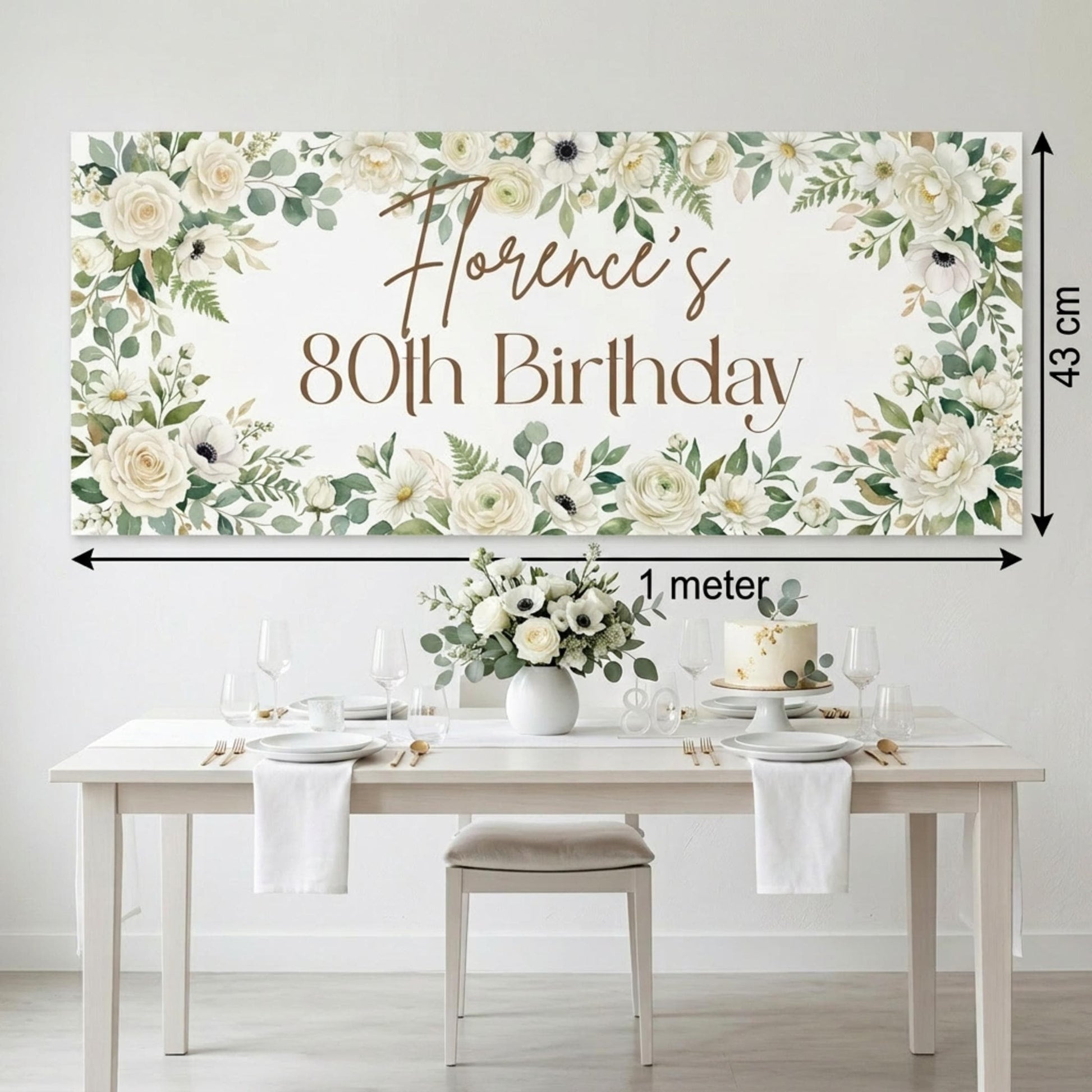 Personalised Milestone Birthday Banner, White Floral Party Backdrop for Her, Anniversary Wall Sign