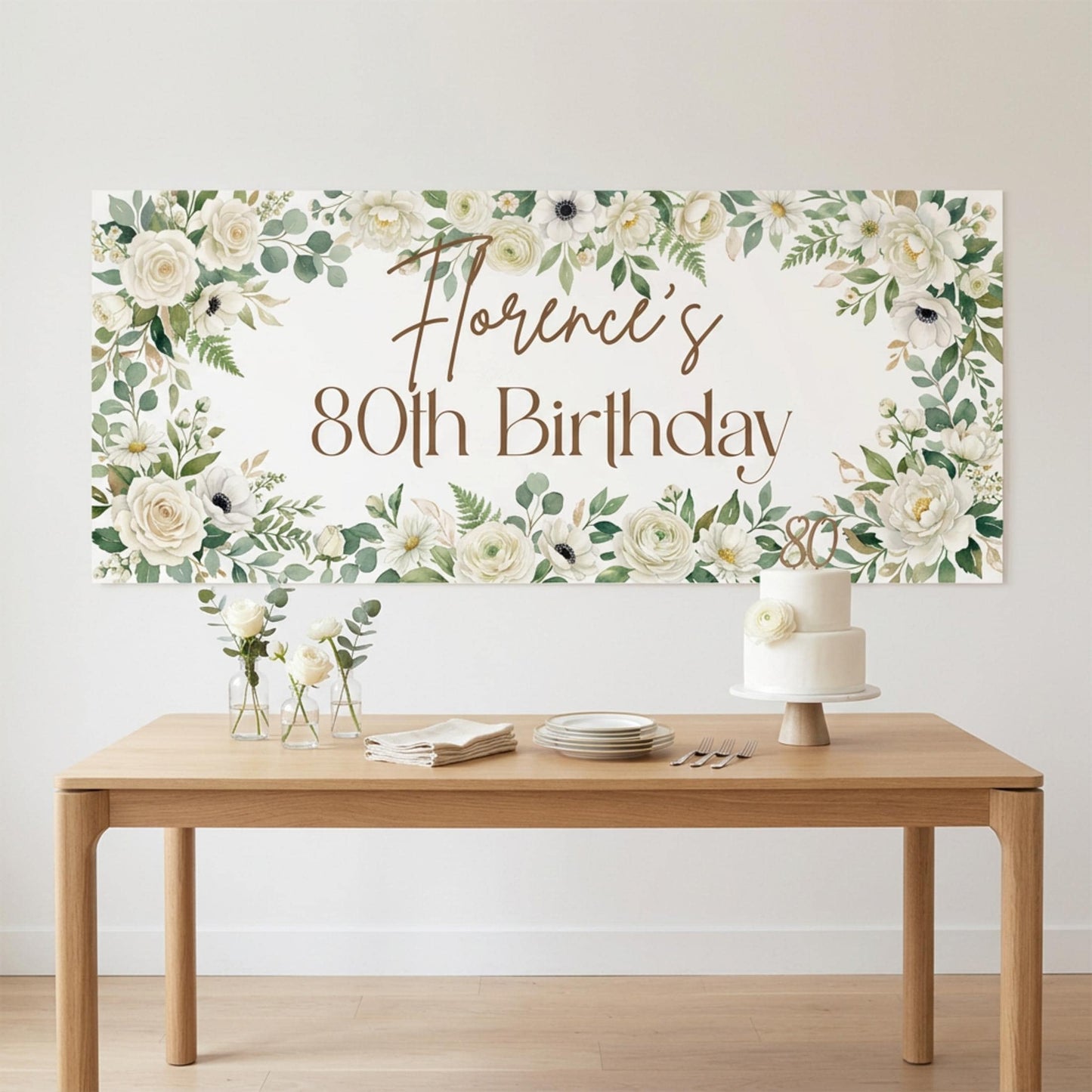Personalised Milestone Birthday Banner, White Floral Party Backdrop for Her, Anniversary Wall Sign