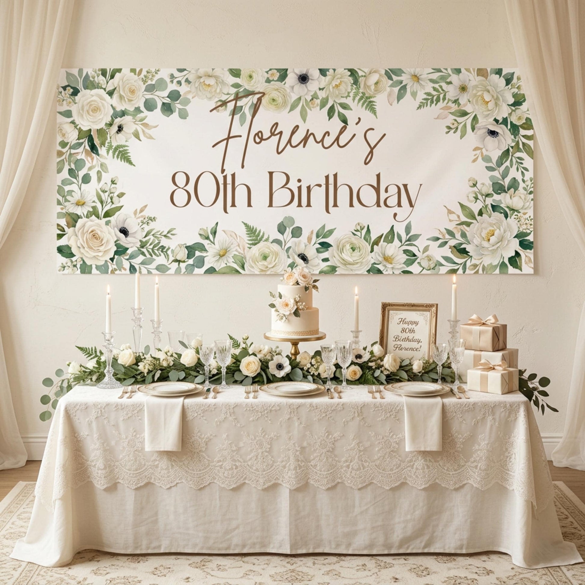 Personalised Milestone Birthday Banner, White Floral Party Backdrop for Her, Anniversary Wall Sign