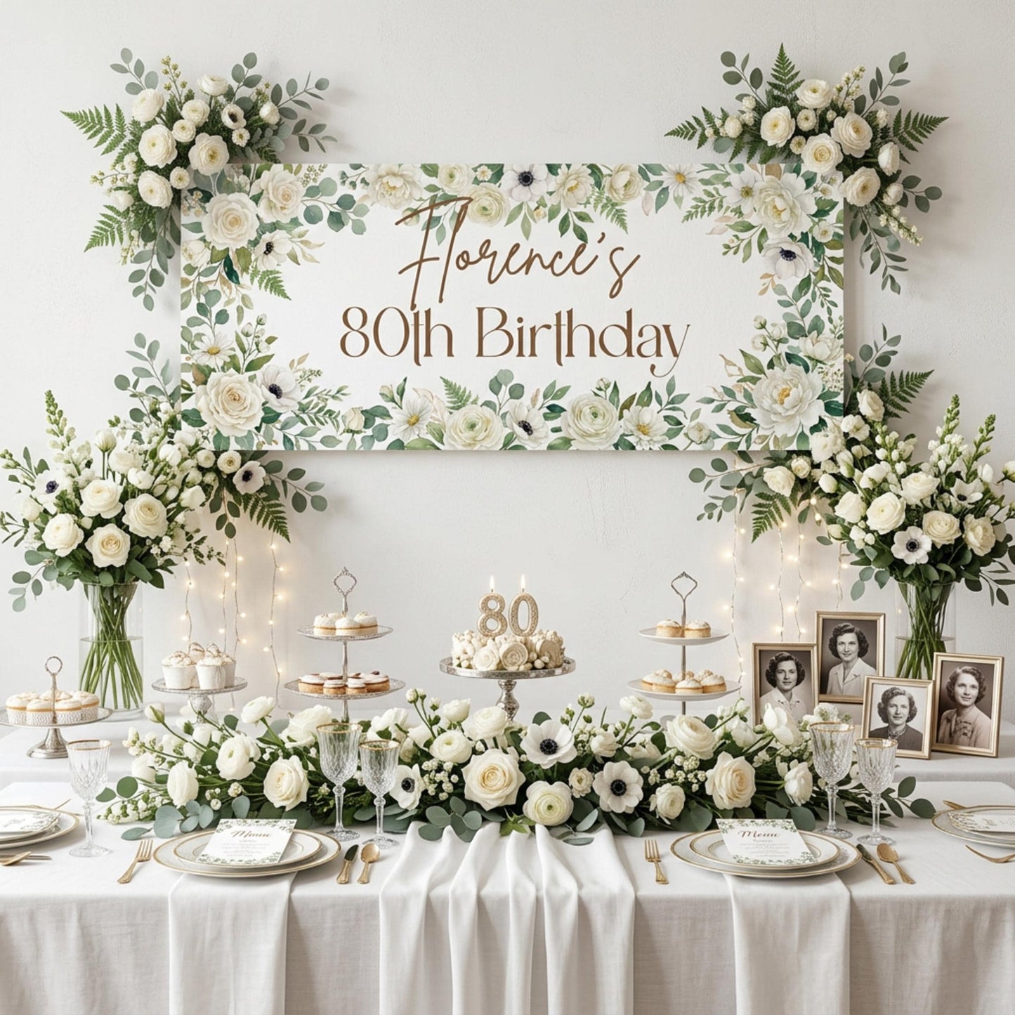 Personalised Milestone Birthday Banner, White Floral Party Backdrop for Her, Anniversary Wall Sign