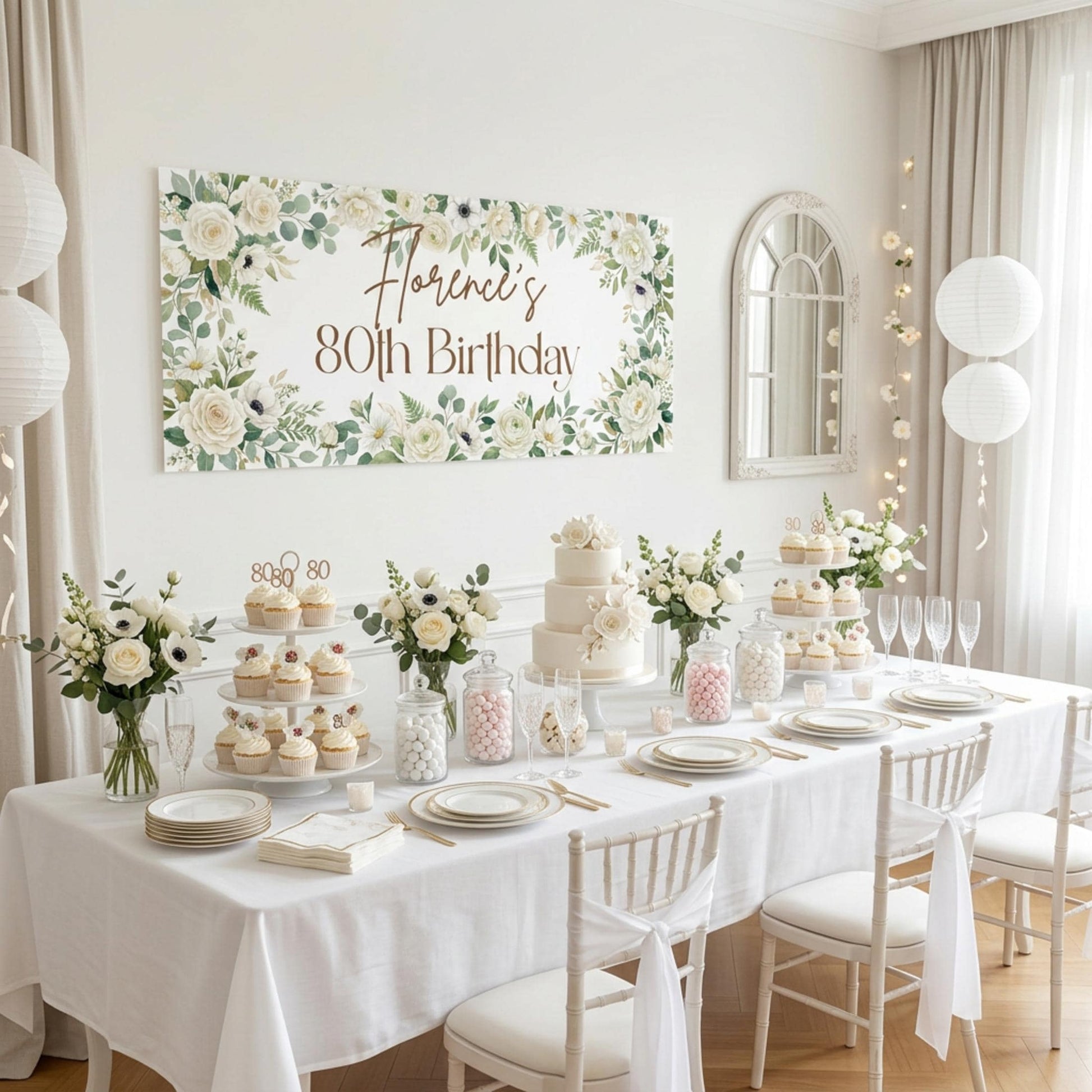 Personalised Milestone Birthday Banner, White Floral Party Backdrop for Her, Anniversary Wall Sign