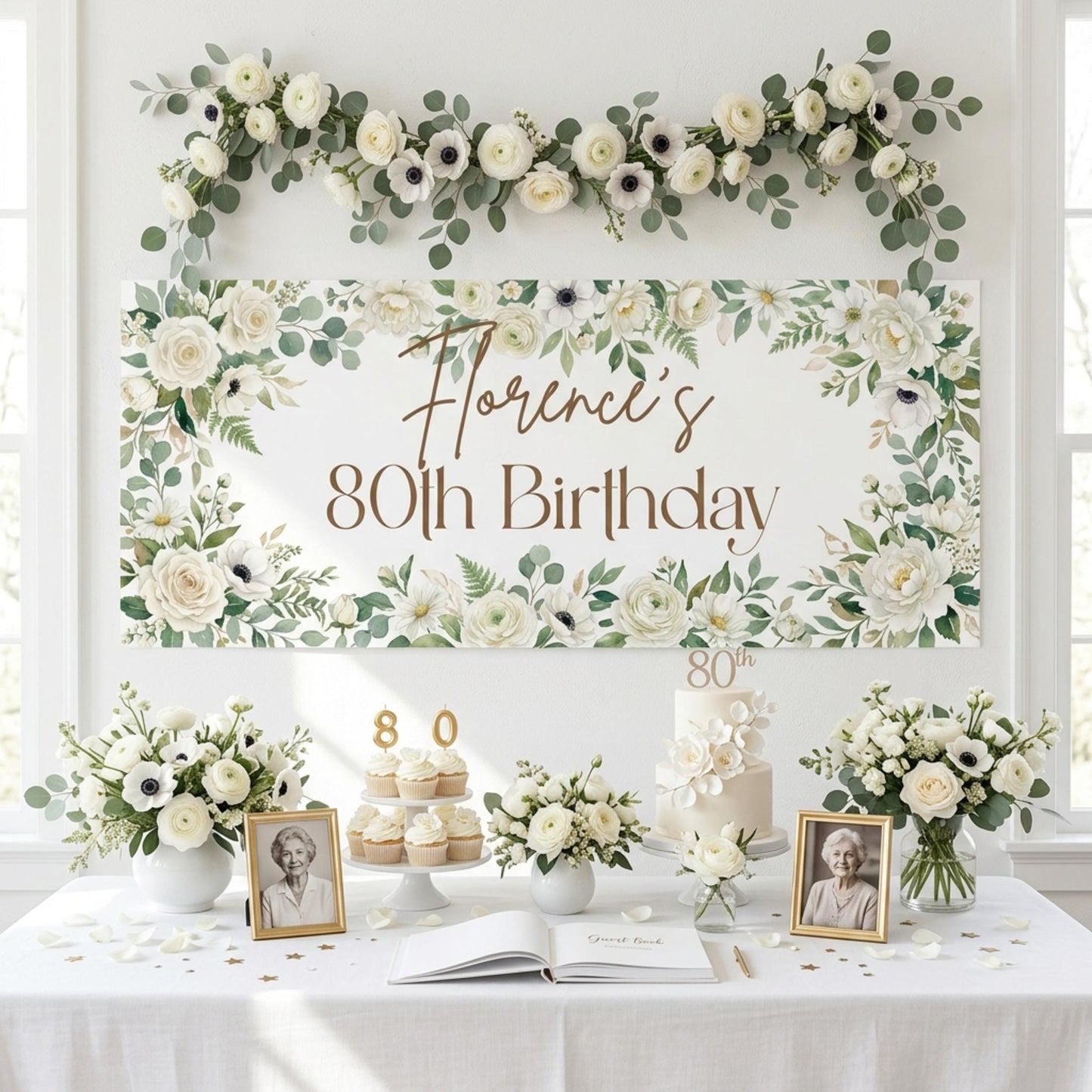 Personalised Milestone Birthday Banner, White Floral Party Backdrop for Her, Anniversary Wall Sign