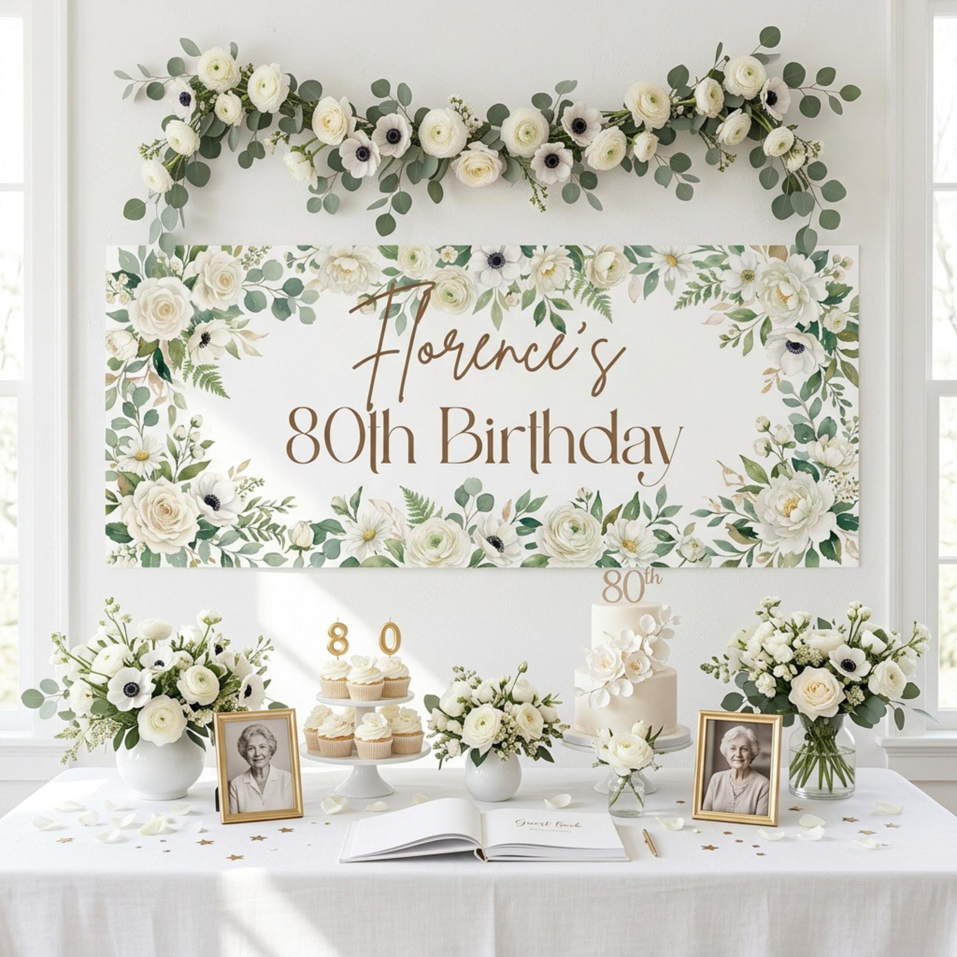 Personalised Milestone Birthday Banner, White Floral Party Backdrop for Her, Anniversary Wall Sign