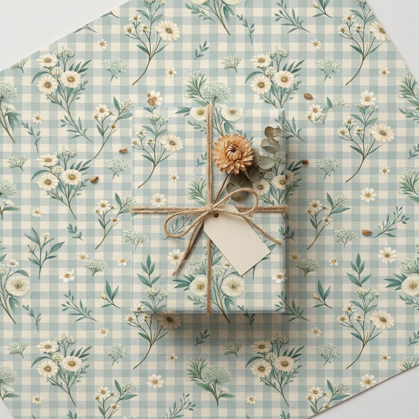 Blue Gingham Wrapping Paper, Daisy Floral Gift Wrap Sheet, Large Size