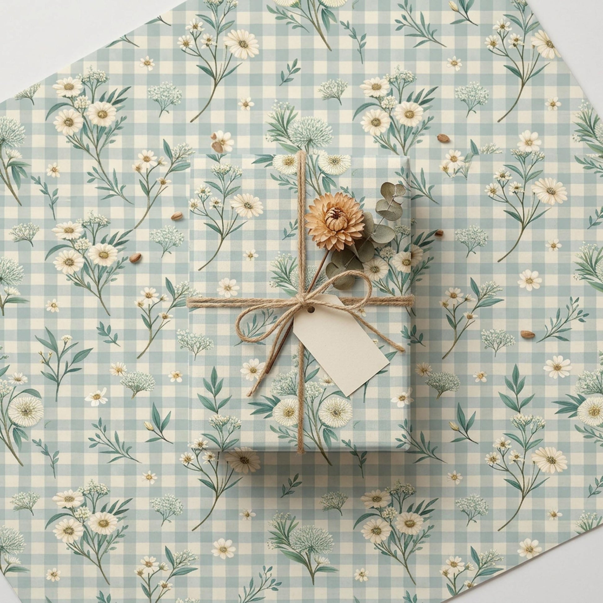 Blue Gingham Wrapping Paper, Daisy Floral Gift Wrap Sheet, Large Size