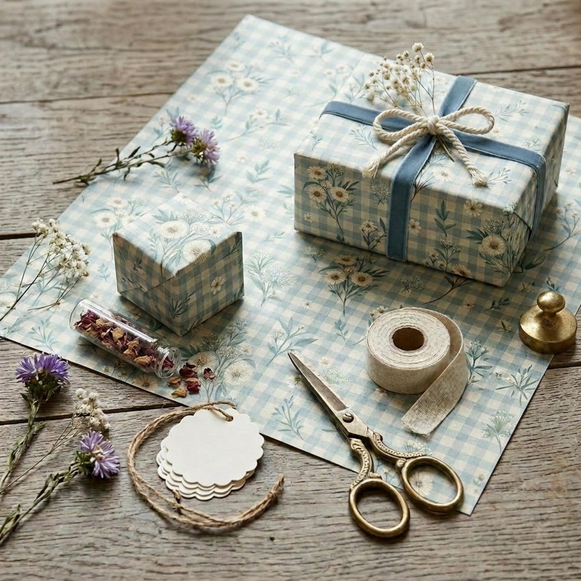 Blue Gingham Wrapping Paper, Daisy Floral Gift Wrap Sheet, Large Size