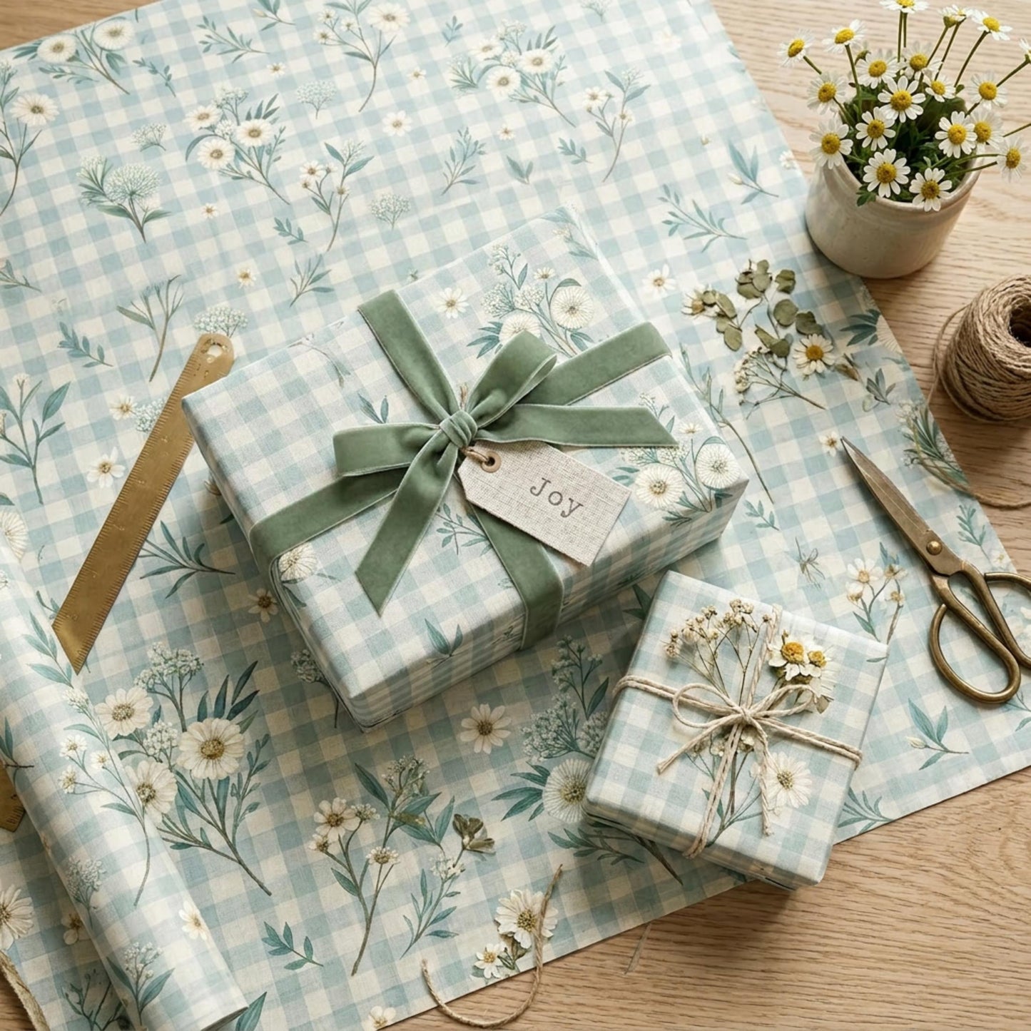 Blue Gingham Wrapping Paper, Daisy Floral Gift Wrap Sheet, Large Size