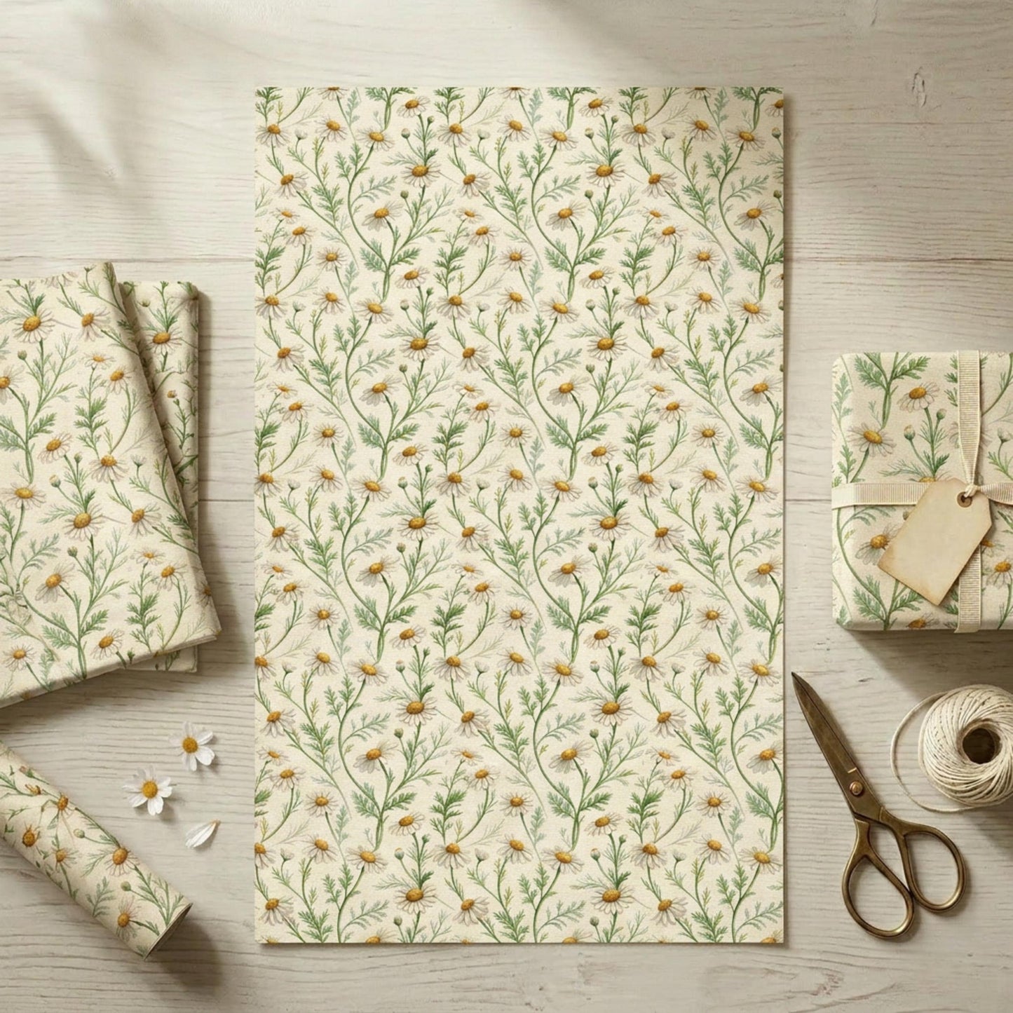 Vintage Daisy Wrapping Paper, Botanical Chamomile Gift Wrap Sheet, Large Size