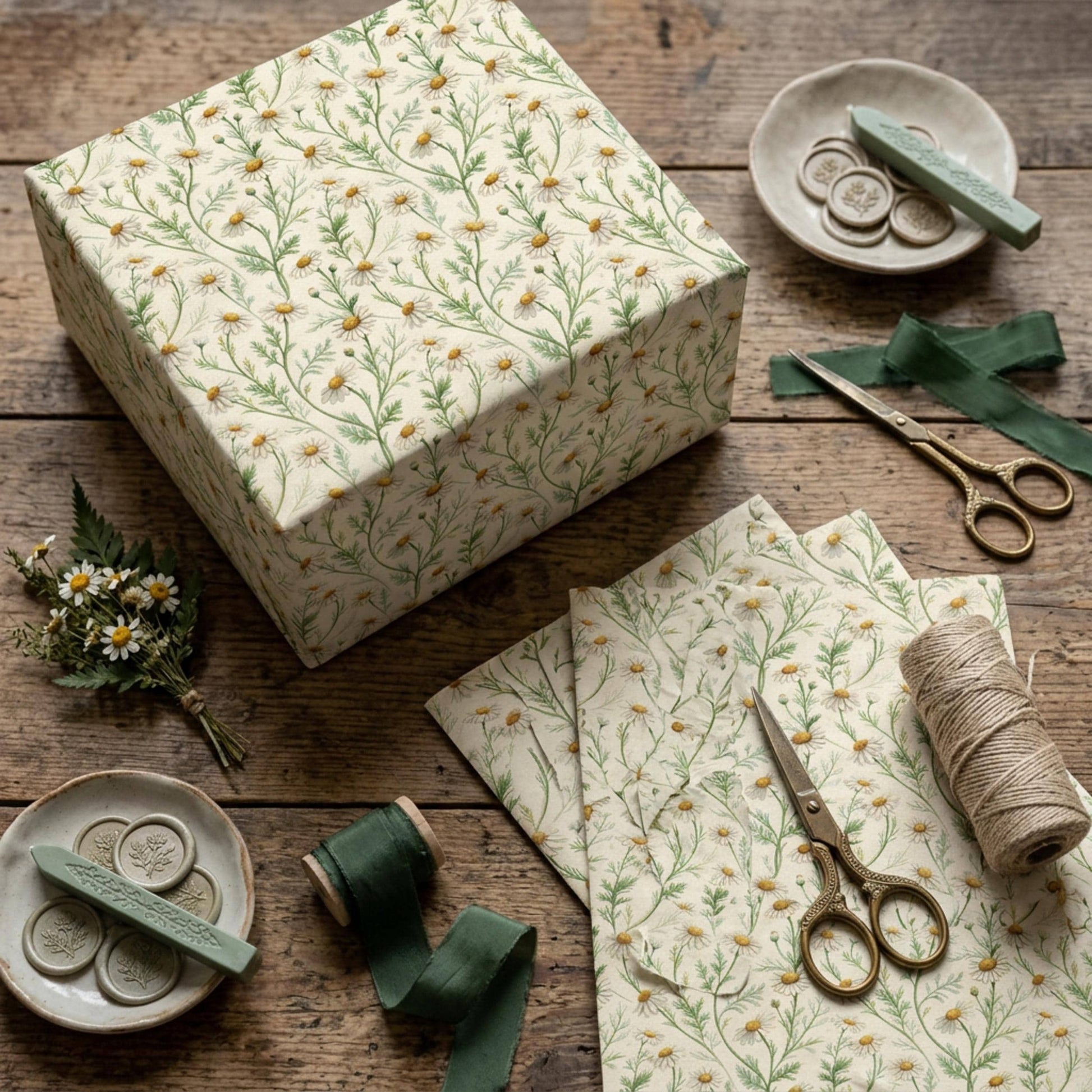 Vintage Daisy Wrapping Paper, Botanical Chamomile Gift Wrap Sheet, Large Size