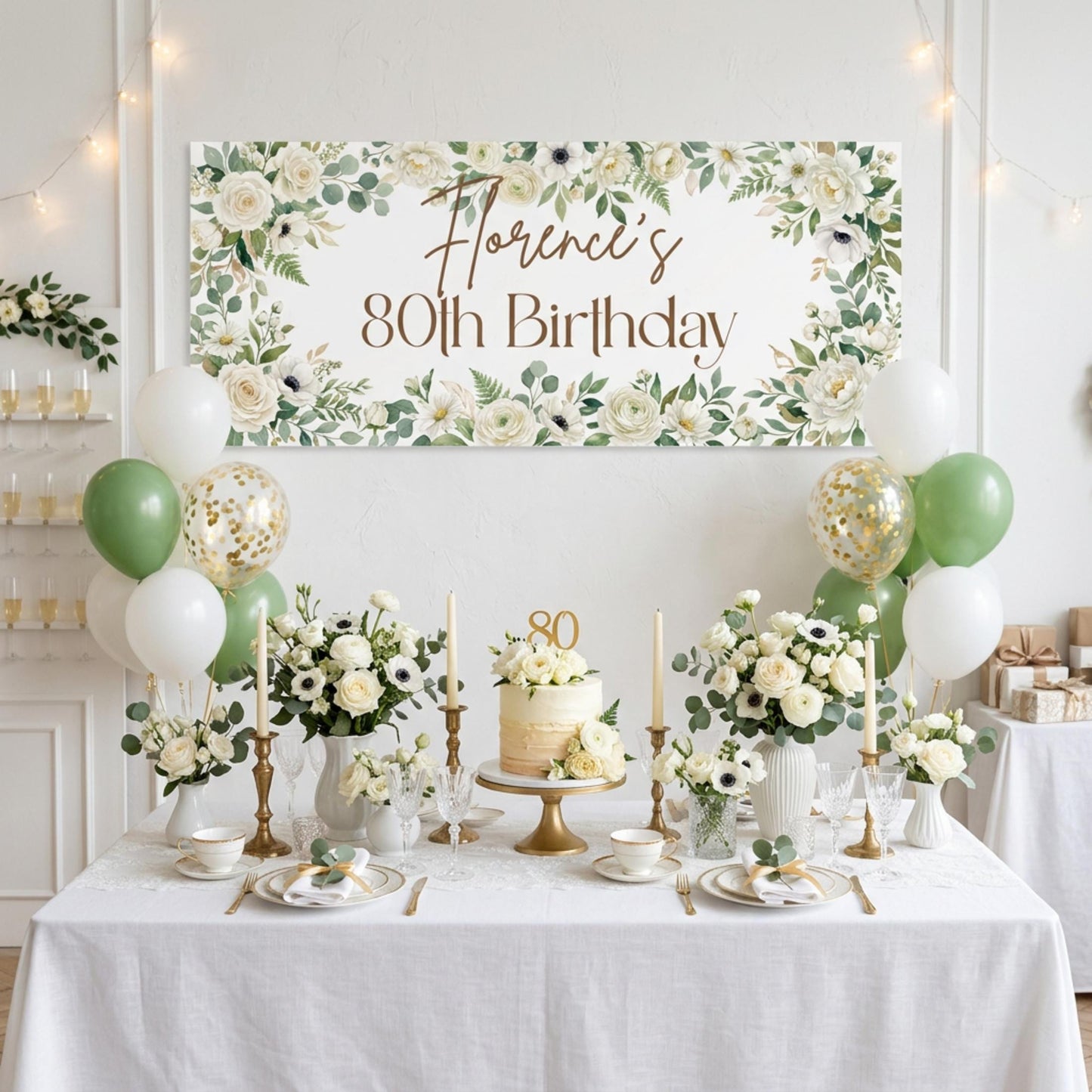 Personalised Milestone Birthday Banner, White Floral Party Backdrop for Her, Anniversary Wall Sign
