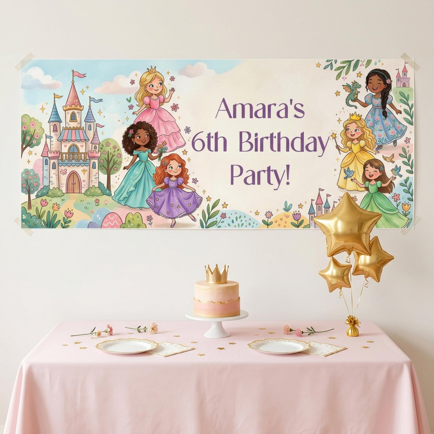 Personalised Princesses Birthday Banner, Fairytale Friends Backdrop