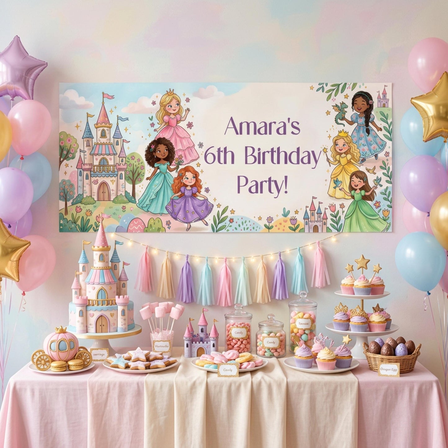 Personalised Princesses Birthday Banner, Fairytale Friends Backdrop