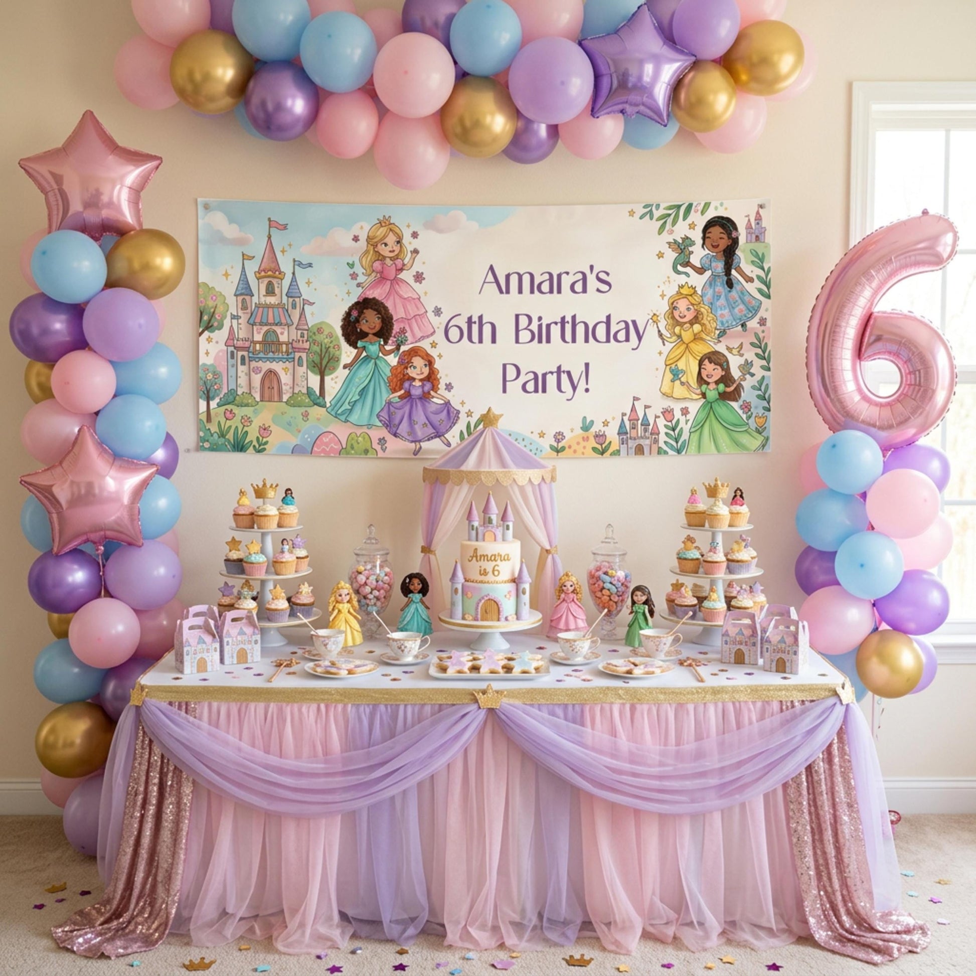 Personalised Princesses Birthday Banner, Fairytale Friends Backdrop