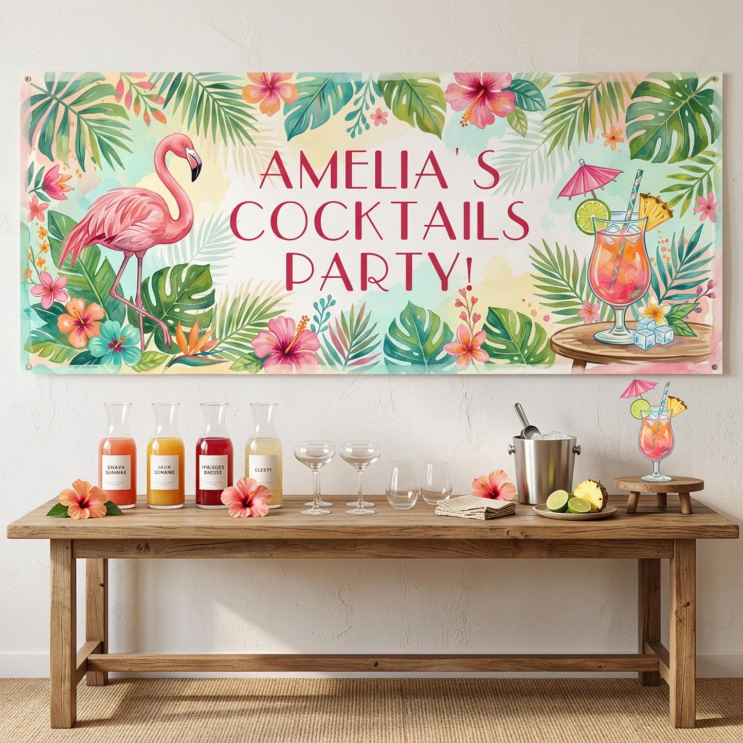 Personalised Tropical Birthday Banner, Cocktail Party Backdrop, Summer Milestone Wall Sign