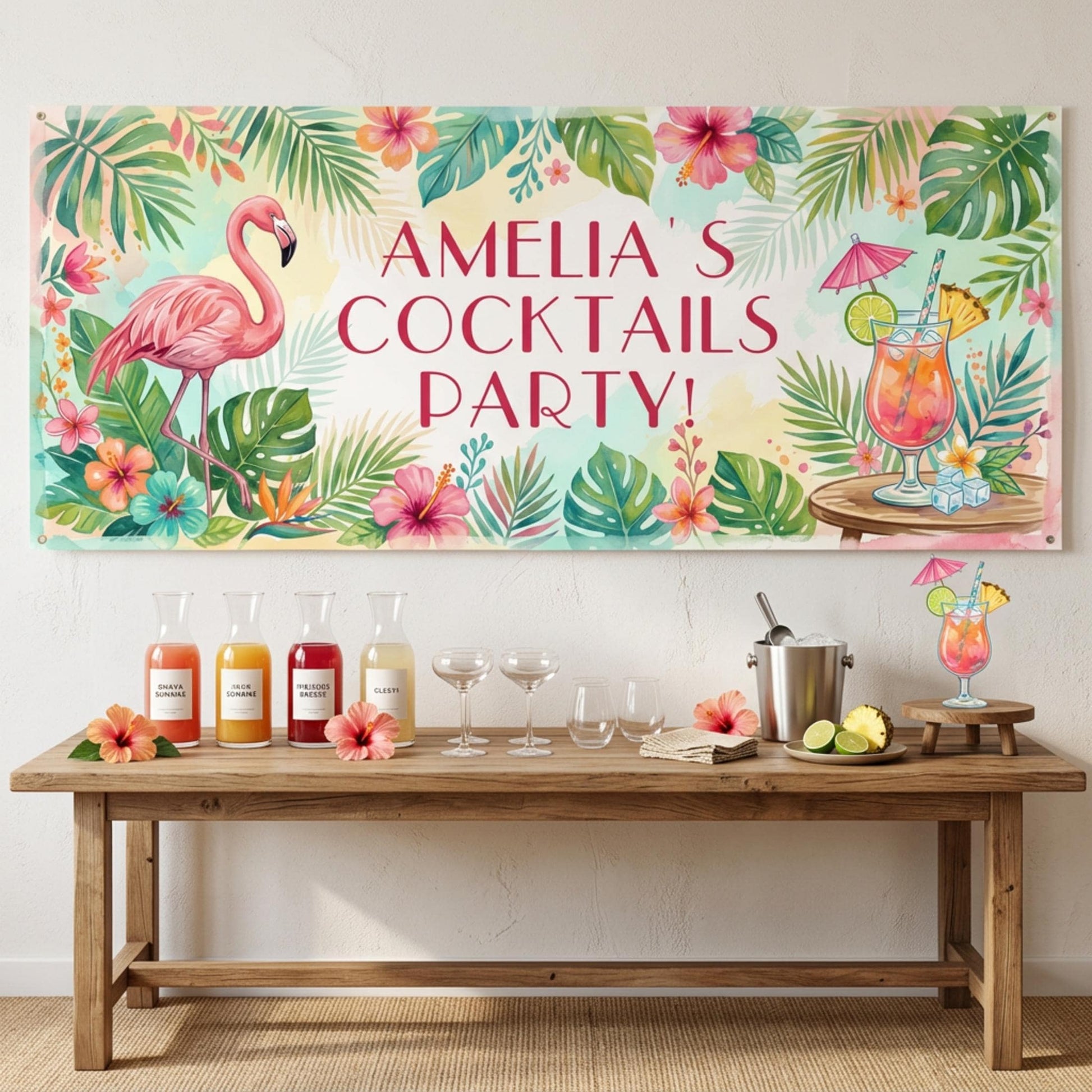 Personalised Tropical Birthday Banner, Cocktail Party Backdrop, Summer Milestone Wall Sign