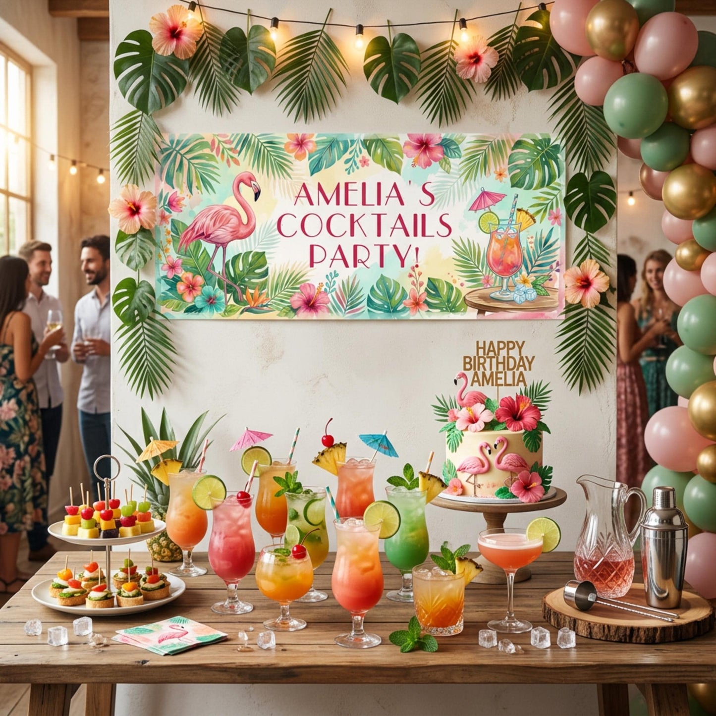 Personalised Tropical Birthday Banner, Cocktail Party Backdrop, Summer Milestone Wall Sign